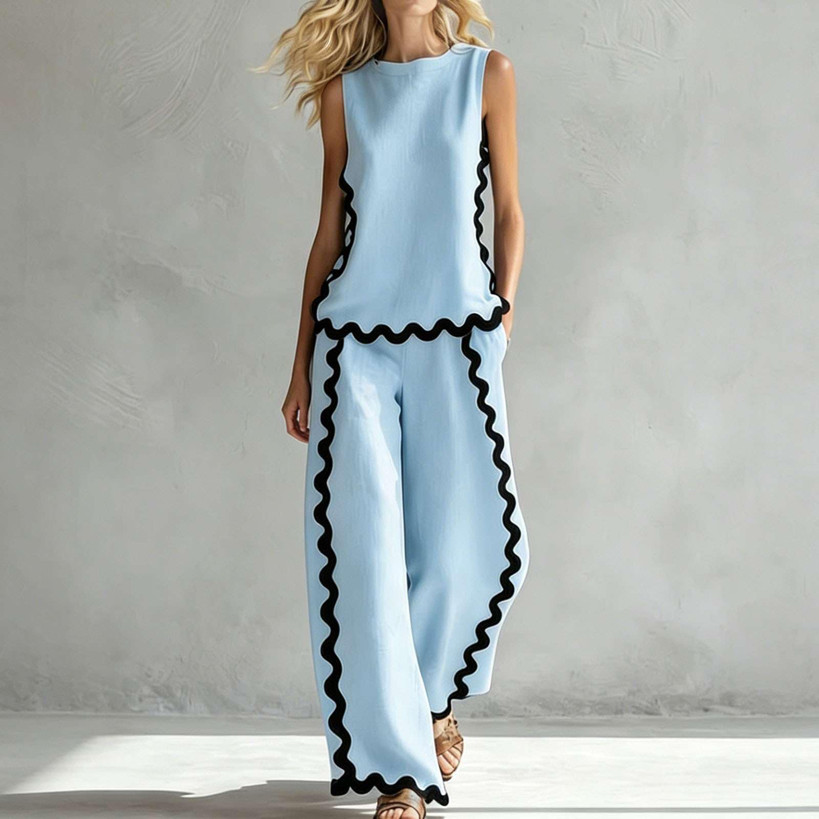 Générique Ensemble Femme 2 Pièces Été Chic - Débardeur Sans Manches et Pantalon Large Fluide Tenue Bicolore en Lin et Coton pour Vacances, Plage et Soirée Style Moderne et Élégant
