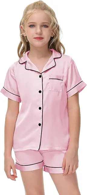 Unisex Kids Satin Pajamas Set - Short Sleeve 2-Piece Nightwear (4-13T)