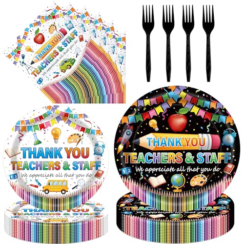 FodeMoraka Teacher Appreciation Plates Decorations - 96 Pcs Thank You Teachers and Staff Weeek Day Party Supplies Disposable Paper Dessert Plate Napkins Forks Decor Set for School Classroom Serves 24