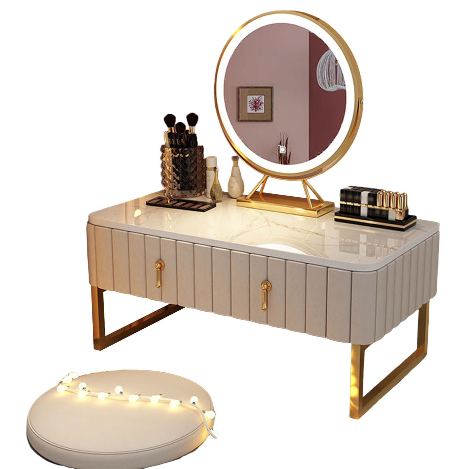 asdchZen Vanity Table With High-Definition Mirror Touch Adjustable Brightness Storage Drawers 3 Color Options-Elegant Makeup Dressing Station For Bedroom