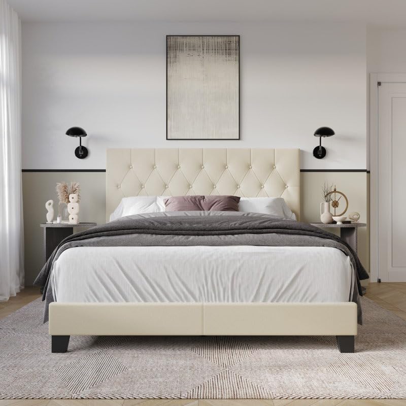 Engineeredwood Modern Upholstered King Size Bed for Bedroom, Upholestery Premium Velvet Fabric Cot for Home- 6.5 X 6 Ft Bed (Beige)