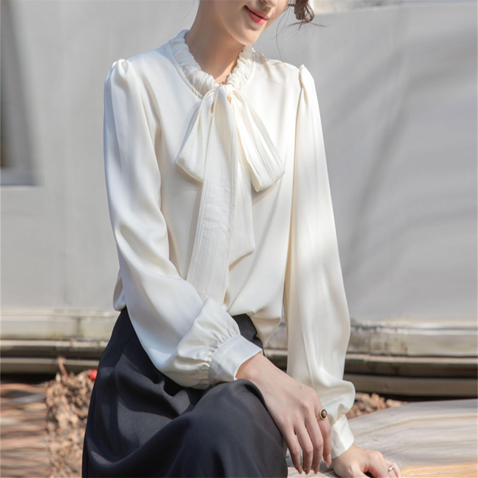 Camicie da donna in raso a maniche lunghe con fiocco, camicia leggera casual elegante per feste, balli scolastici, ufficio, lavoro