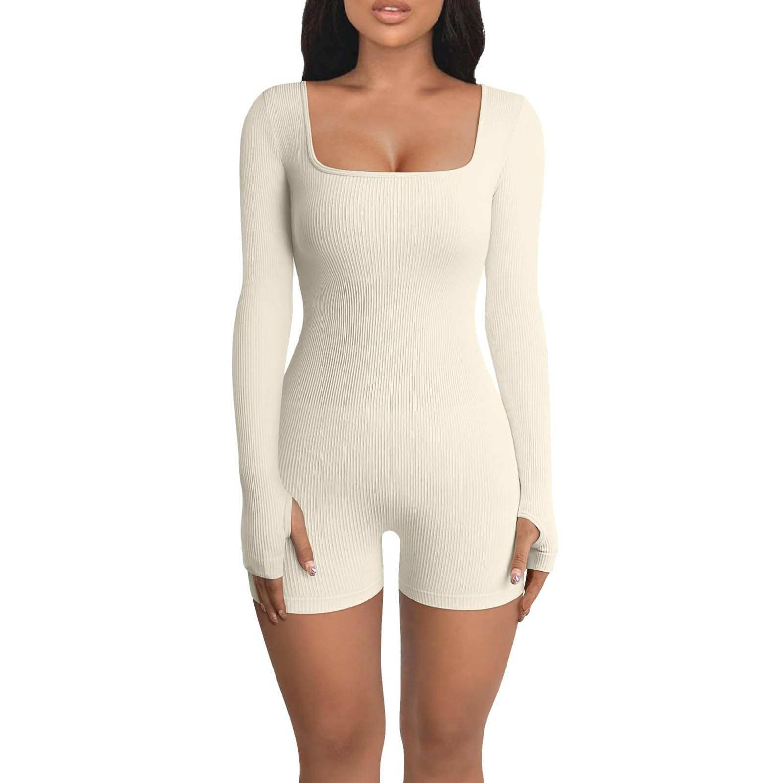 Generic Mono de mujer de manga larga corta - Mono de cuello cuadrado ajustado sexy mono elástico yoga mameluco de una pieza para deporte chándal bodycon playsuit fitness