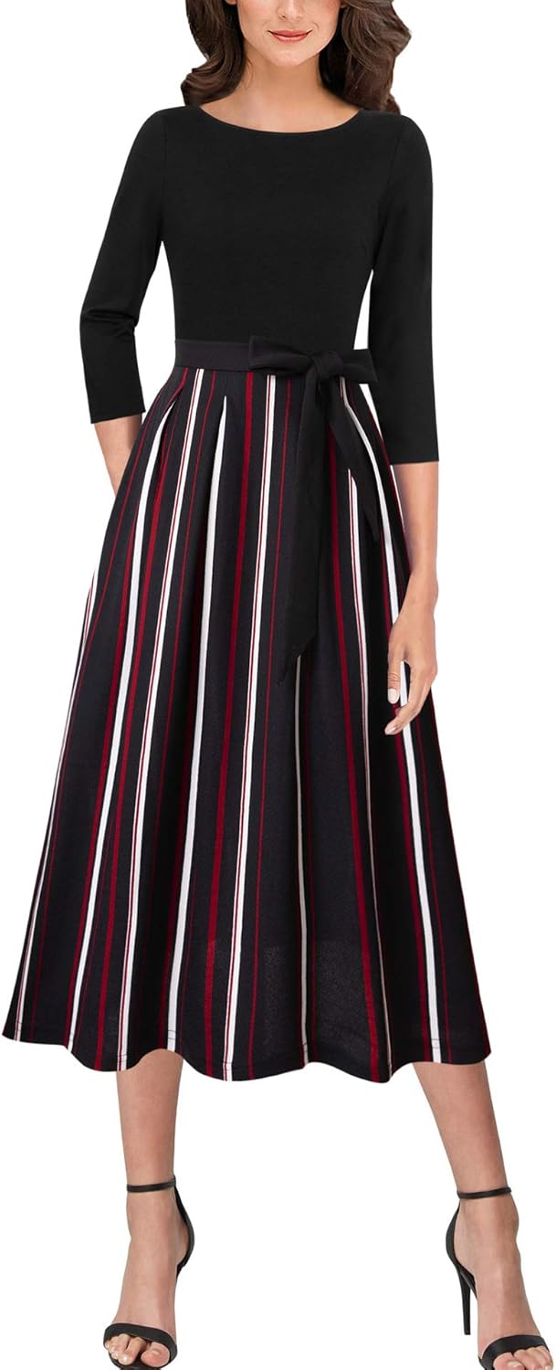 VFSHOW Womens Elegant Pockets Belted Work Business Office Casual Party Pleated A-Line Midi Dress