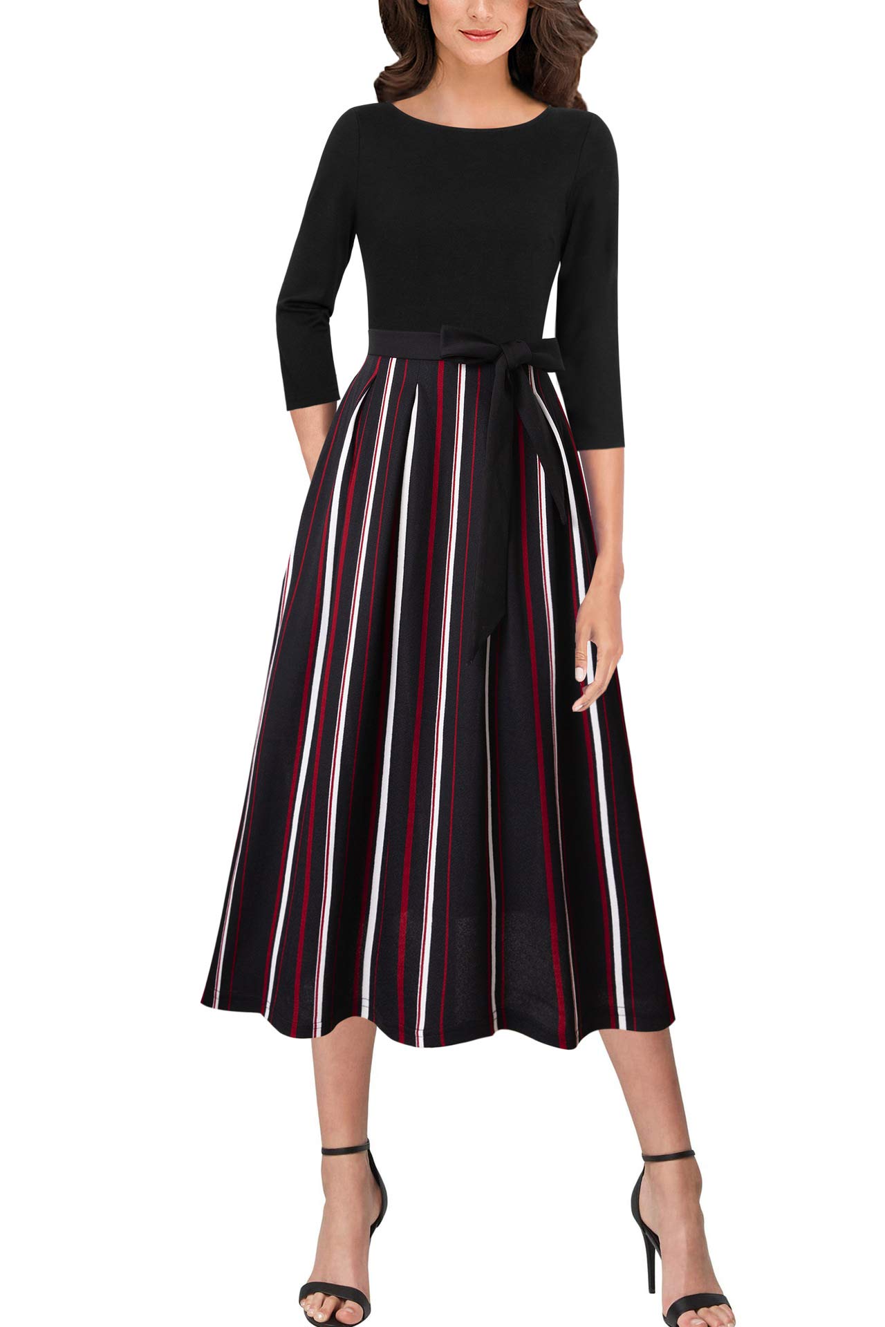 VFSHOW Womens Elegant Pockets Belted Work Business Office Casual Party Pleated A-Line Midi Dress