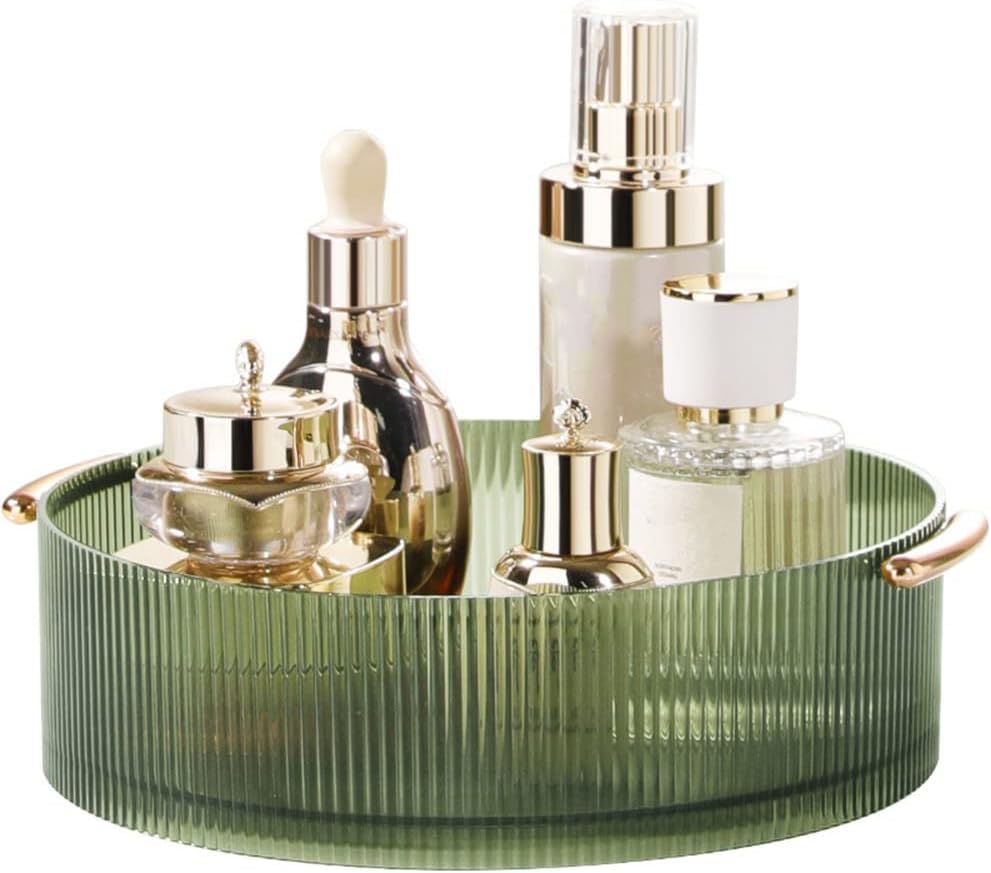 Makeup Perfume Organizer 360 Degree Rotating Cosmetic Display Dresser Organizer Perfume Tray with Handle Turntable Spice Rack with Perfume Atomizer || Green-image-36