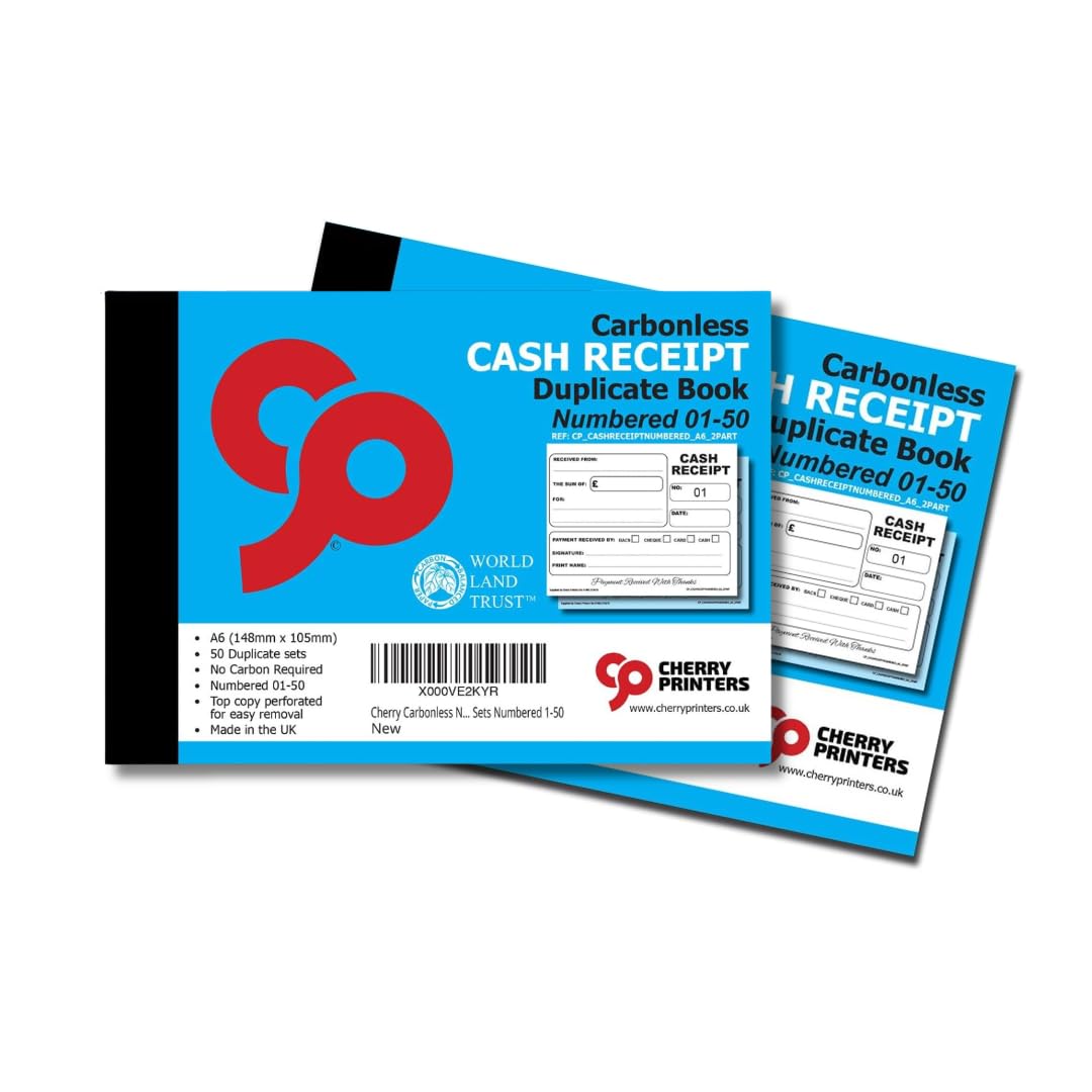 Cherry Printers Carbonless (NCR) Cash Receipt Book Duplicate A6 50 Sets Numbered 1-50, Blue