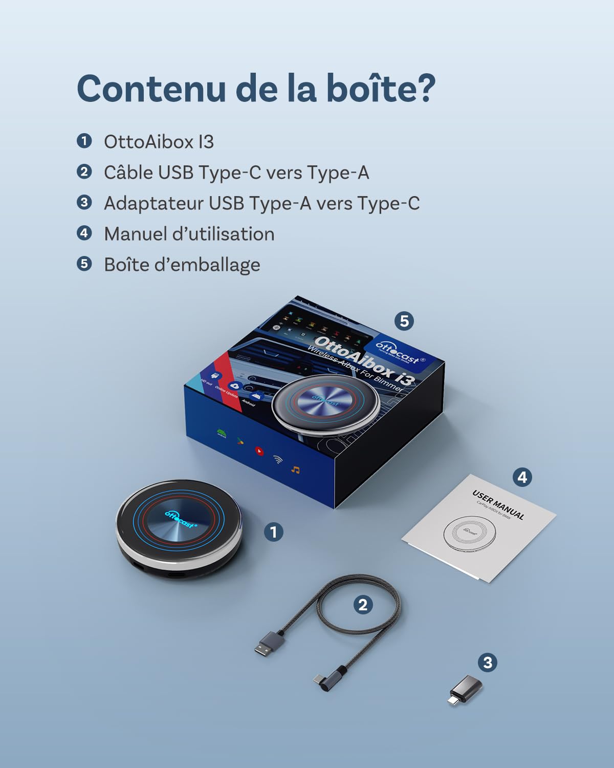 2026 Nouvelle Ottocast I3 AI Box pour BMW, sans Fil CarPlay Adaptateur avec Netflix/Youtube, Système Android 13, Écran Divisé, Boîtier Vidéo pour Voitures avec CarPlay sans Fil d’Origine(8 +128Go)