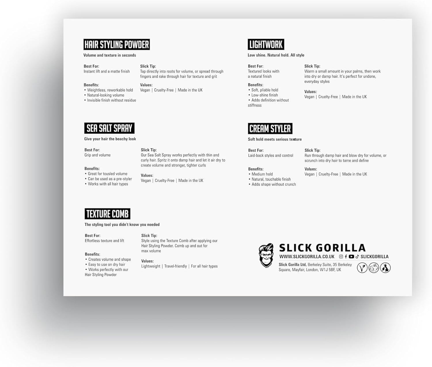 Slick Gorilla Set de Peinado Completo – Set de Regalo con Polvo, Lightwork, Crema Estilizadora, Spray de Sal Marina y Peine Texturizador para Cabello Liso,Ondulado o Rizado