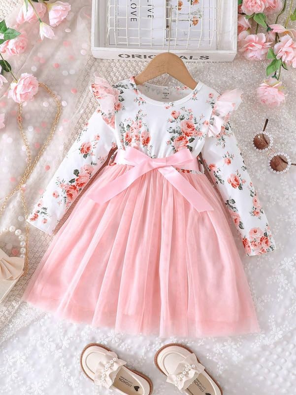 Image of Niren Enterprise 1019 Long Sleeve Printed Flower Belted Square Neck Baby Girl Frock with Knee-Length and A-Line Style
