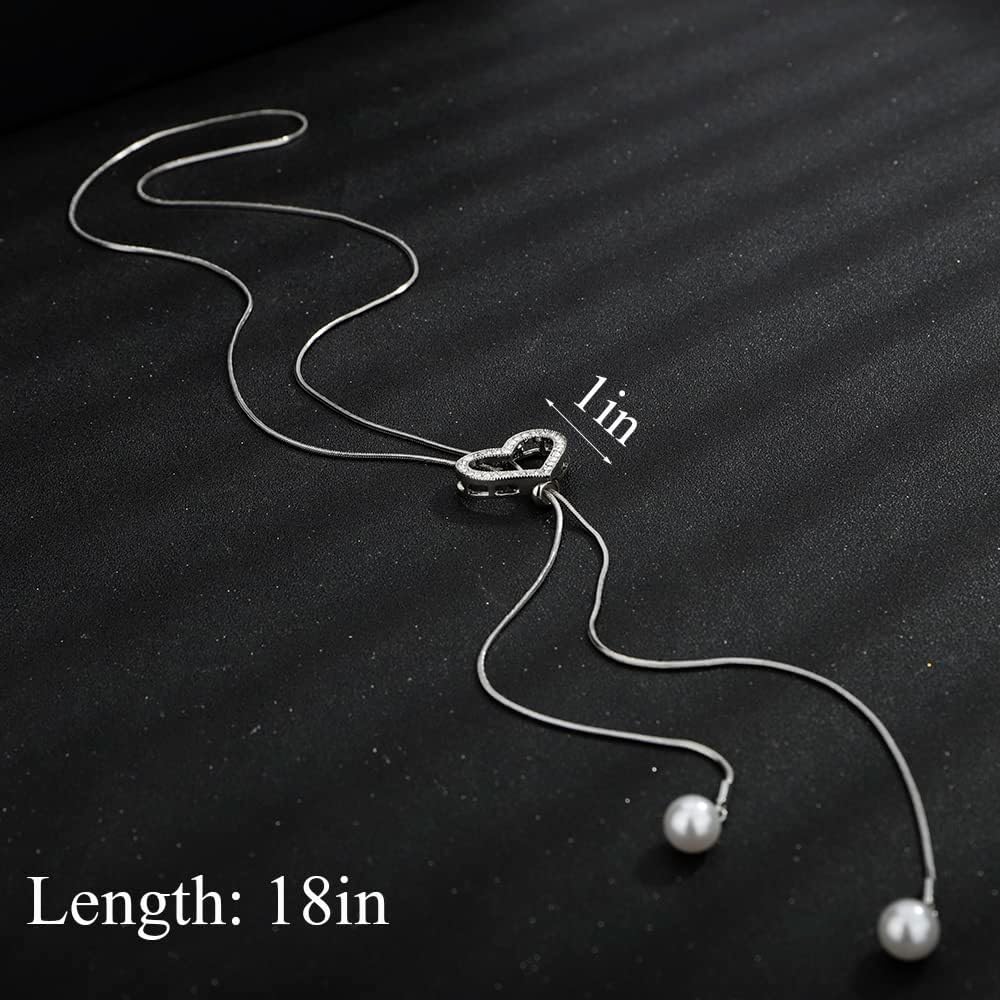 Chargances Crystal Heart Pearl Pendant Long Necklace for Women Statement Rhinestone Sweater Y Necklace Choker Adjustable Elegant Love Jewelry Accessories for Wedding Party Gift - Image 6