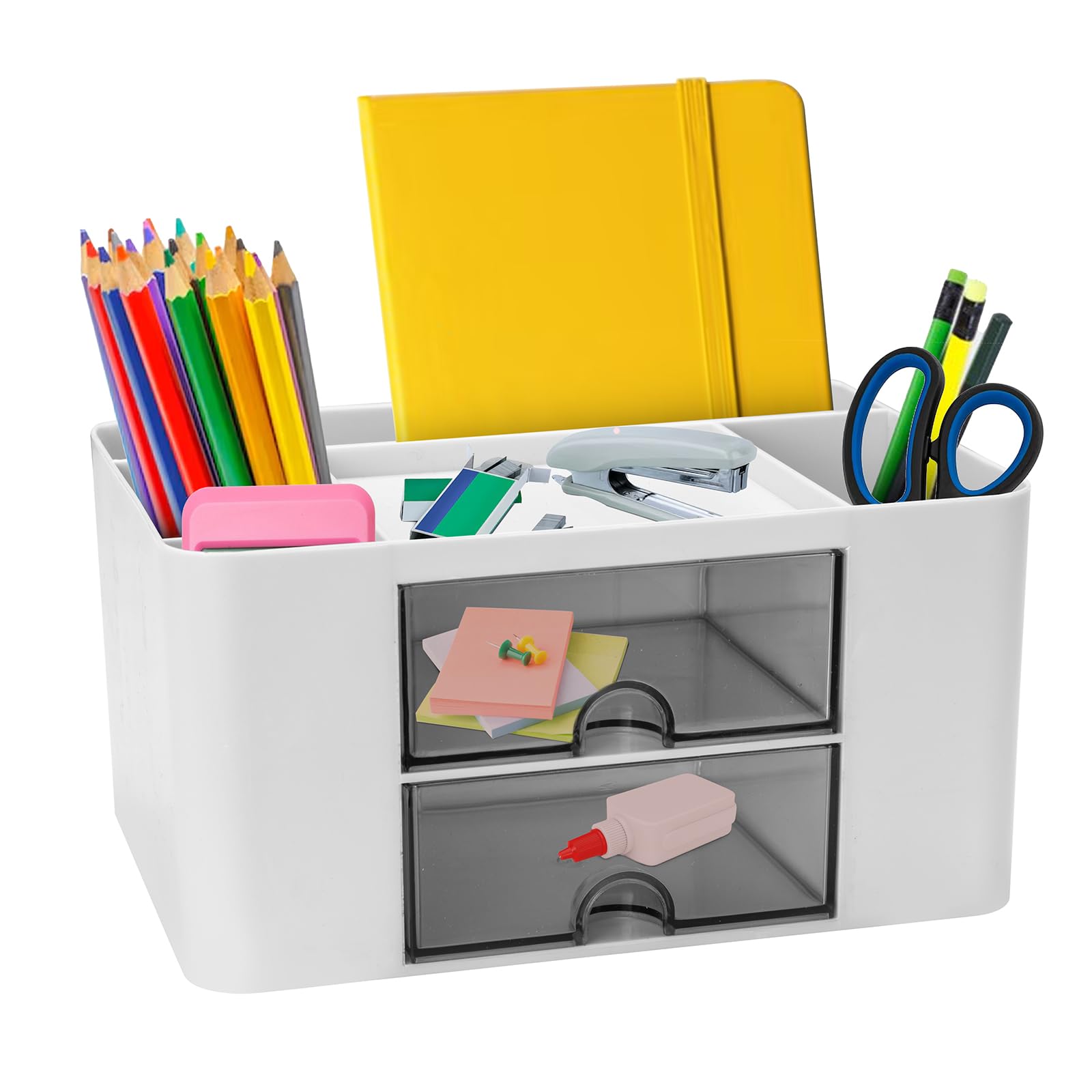 BOULEAWEL Organizador Escritorio,Organizador de escritorio con 7 rejillas,organizador de mesa de plástico con cajón,Portalapices de Escritorio Multifuncional para el Hogar Oficina y Escuela (Blanco)