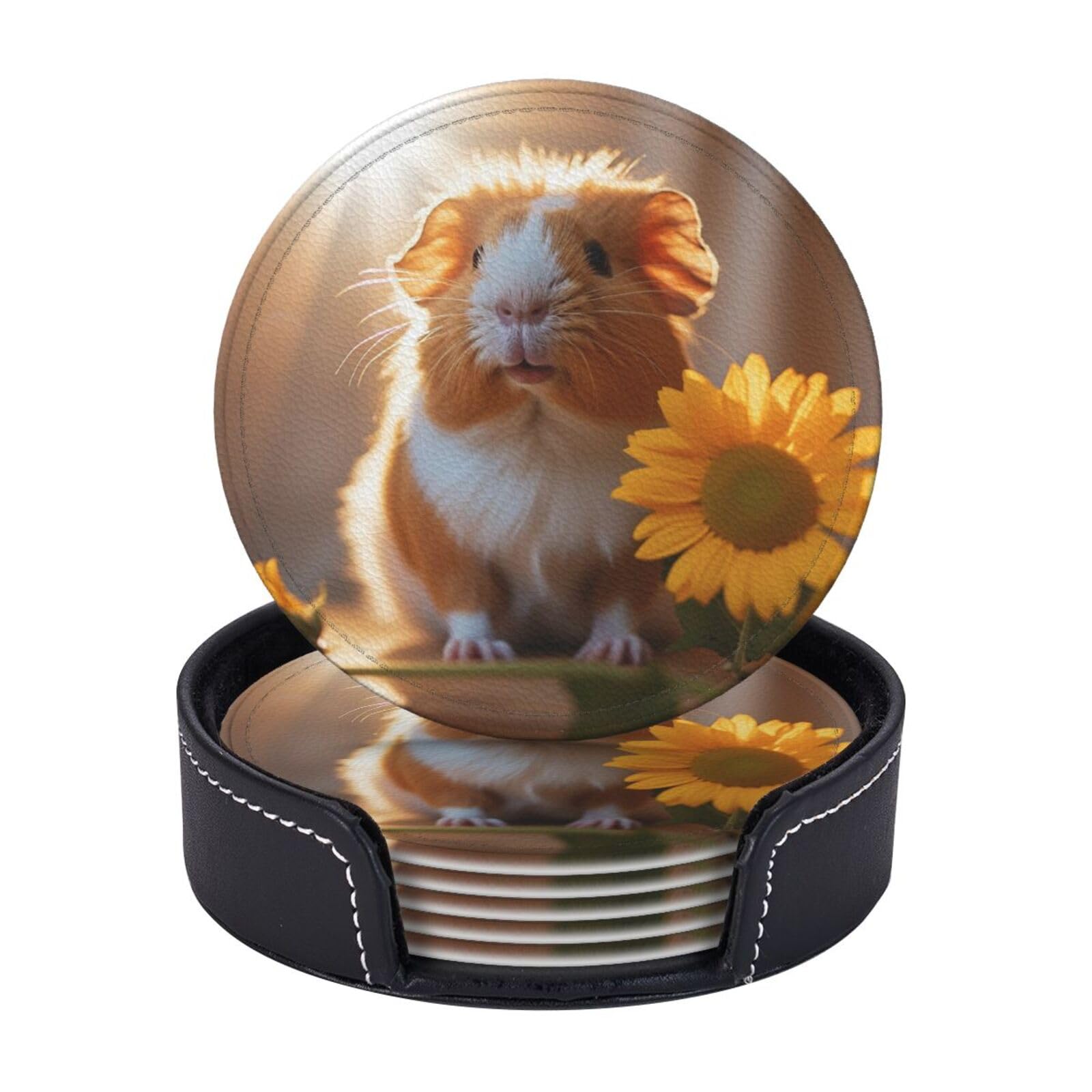 Drink Coasters 6 PCS Round Leather Coaster Sunlight on Guinea Pig Coasters for Drinks Non-Slip Mugs Pads with Holder Personalized Cups Pad Mat for Coffee Table Kitchen 10 CM