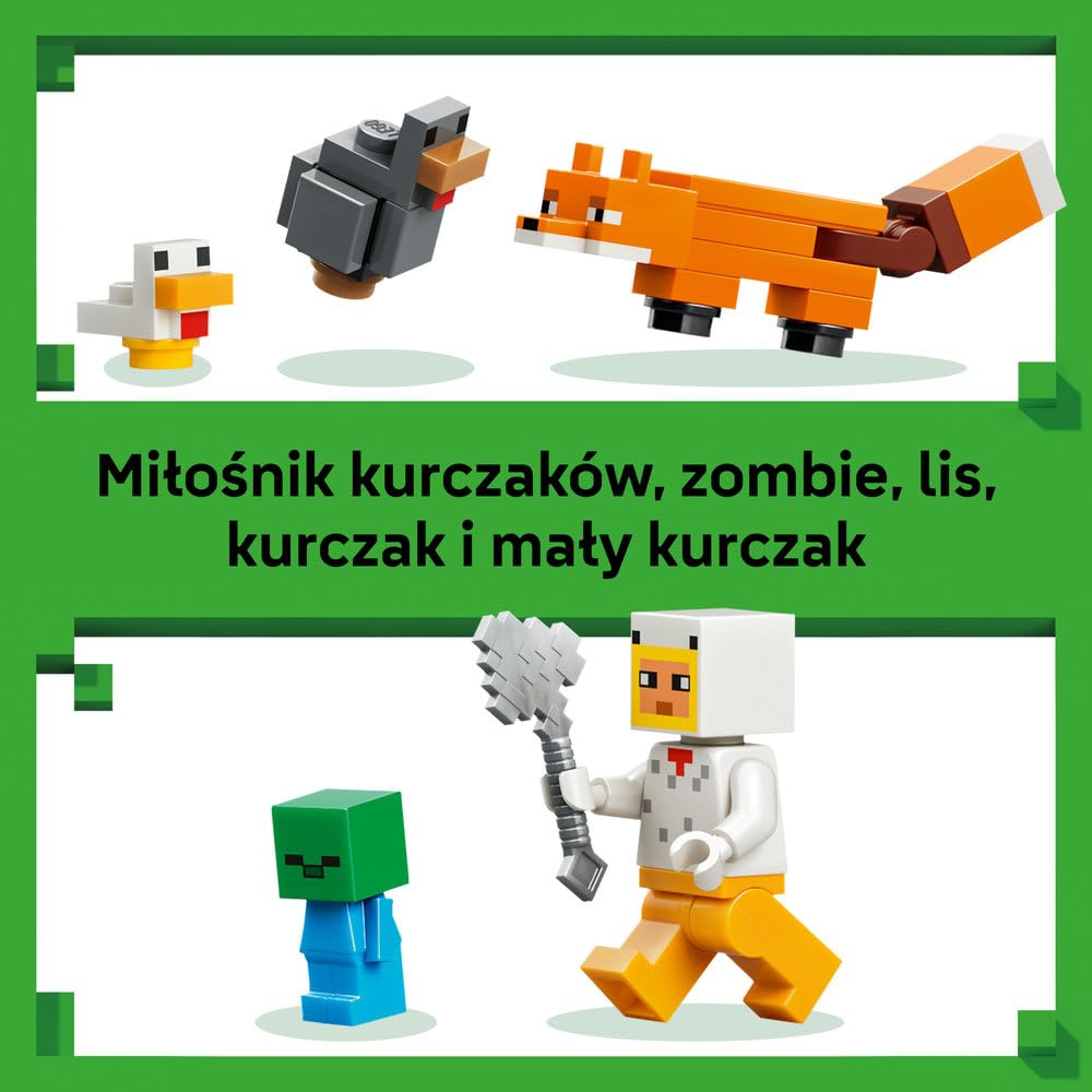 LEGO Minecraft Farma kurczaków, zabawka konstrukcyjna dla chłopca i dziewczynki z figurkami zwierząt i kurnikiem, pomysł na prezent dla 7-latka i gamingowa ozdoba do pokoju dziecięcego 21585