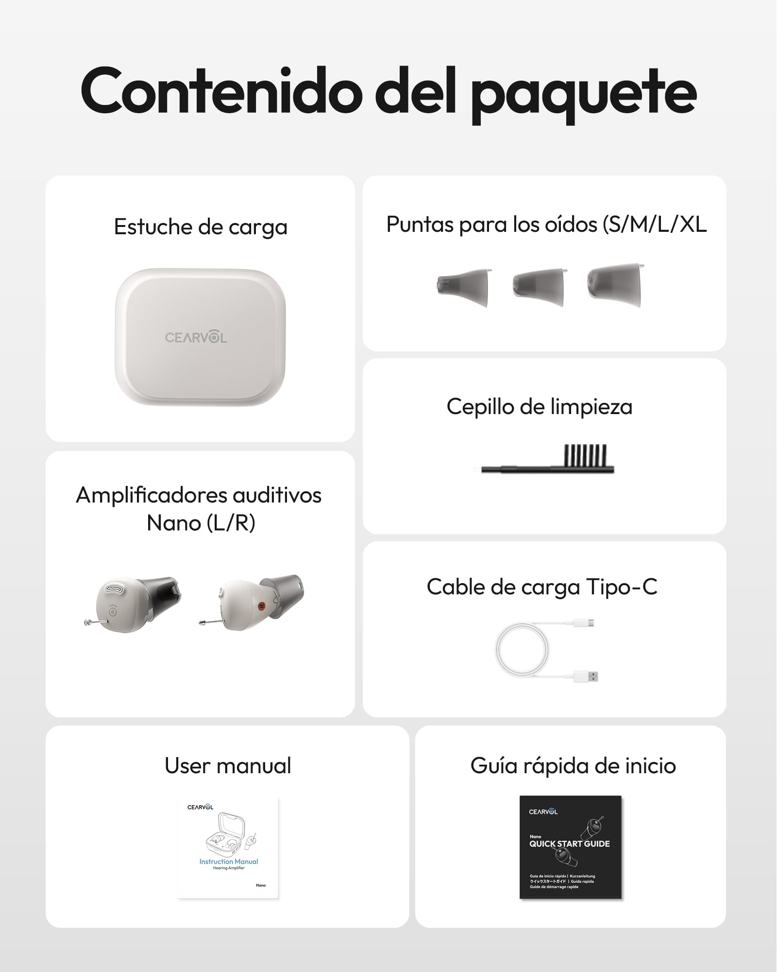 Nano Amplificador de Sonido Control Todo en Uno desde el Estuche, Listo para Usar, 54H Autonomía, 4 Niveles de Volumen, 3 Modos Ambientales (Blanco Estelar)