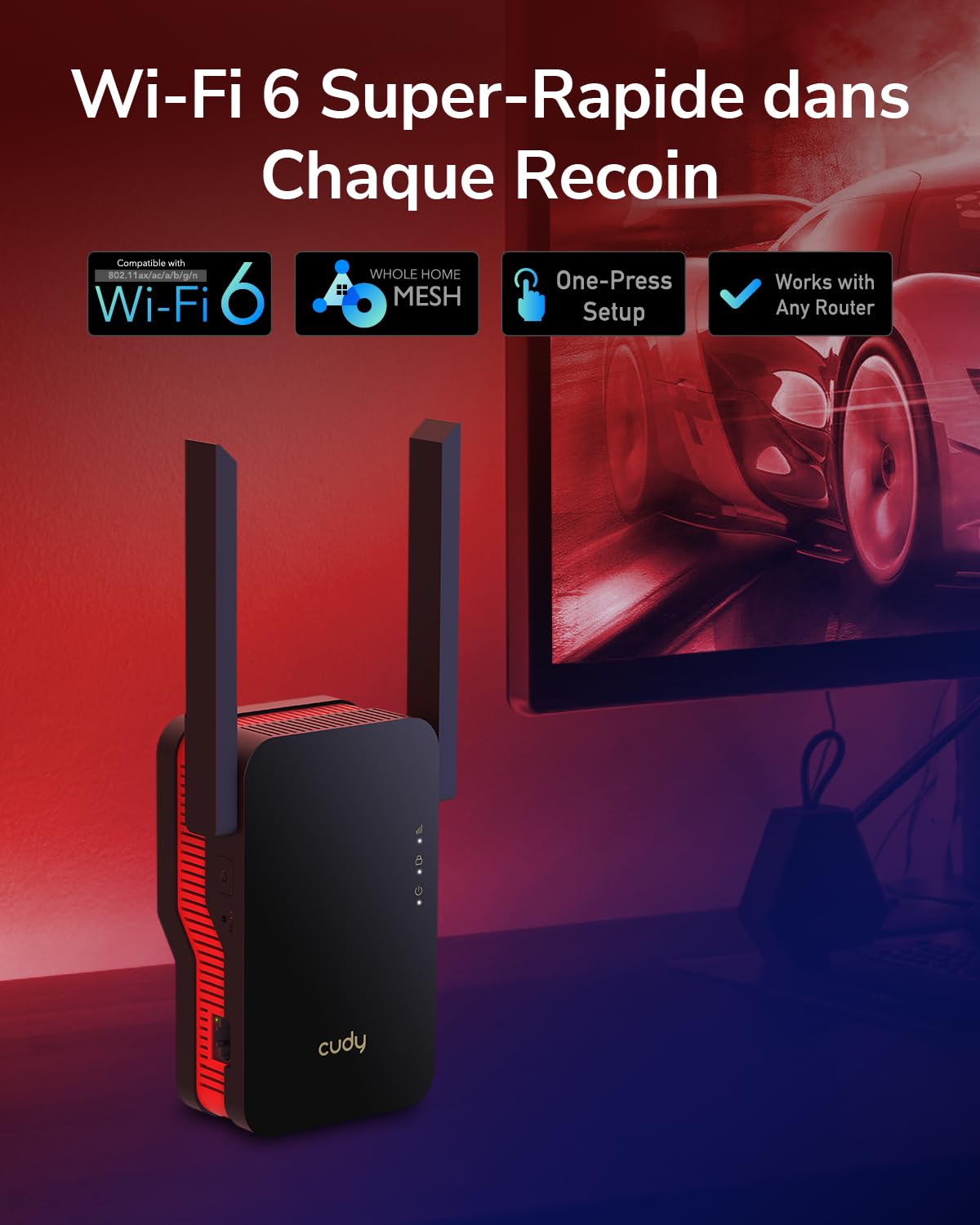 CUDY AX3000 WiFi 6 Support réseau | Compatible OpenWrt, WiFi 6 à 2402 + 574 Mbps, OFDMA, 160 MHz, modes AP/RE, compatible avec n'importe quel routeur
