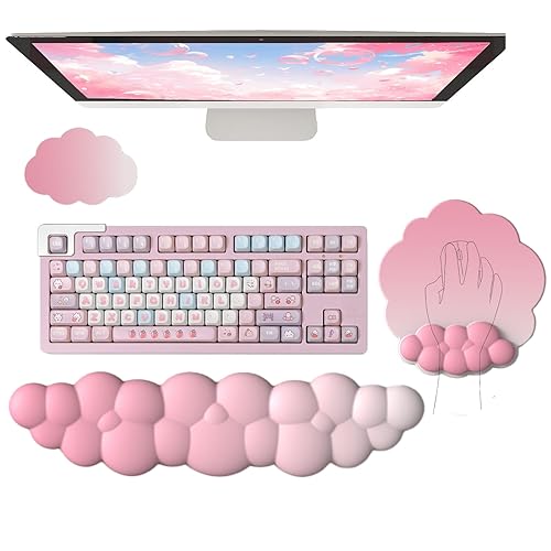 Cloud Wrist Rest Keyboard Pink Mouse Pad Set with Wrist Rest Ergonomic Wrist Pad Memory Foam Non-Slip Base Cute Gradient Wrist Rest Support for Computer Laptop Gaming Home Office Relief Typing Pain - Silk Gradient Pink