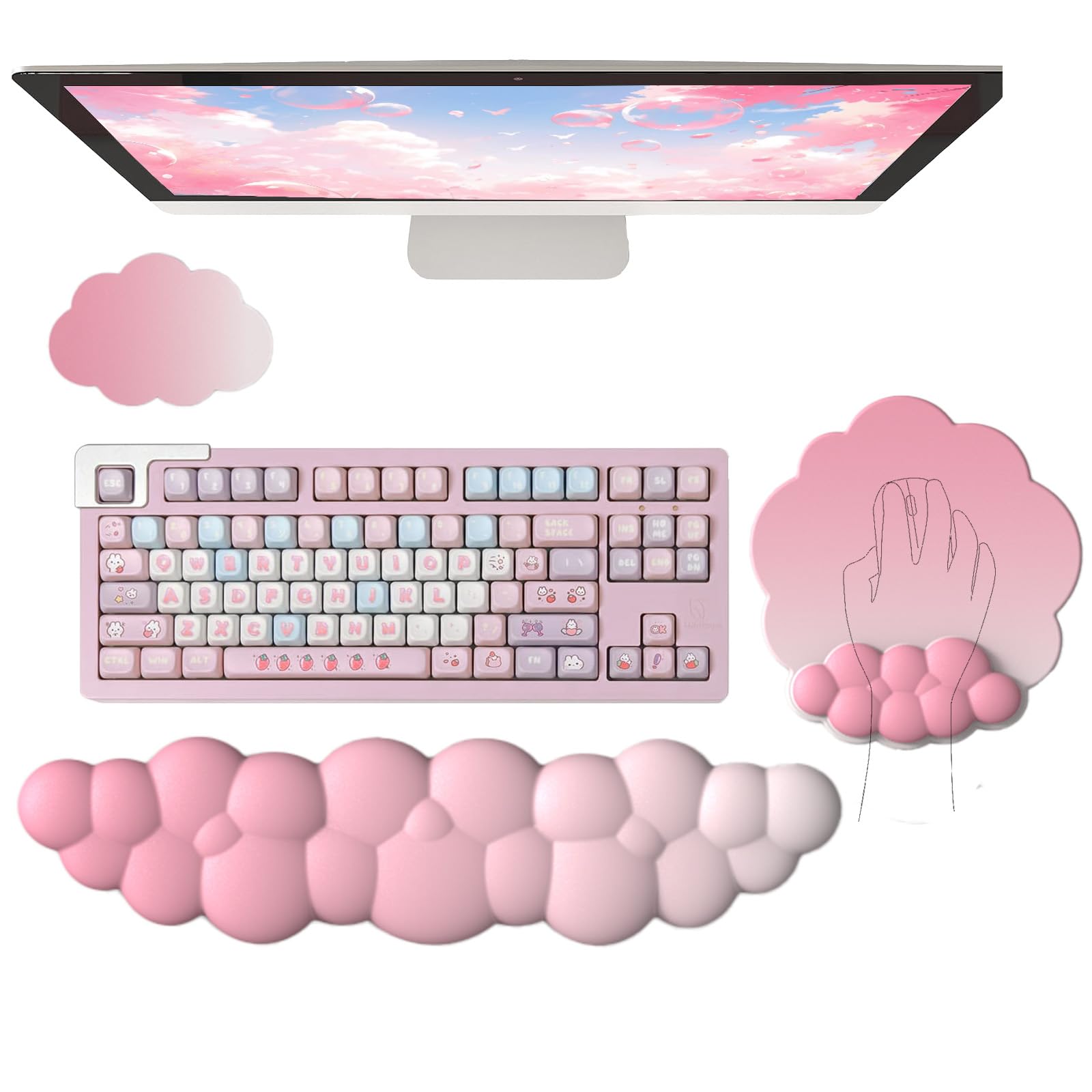 Cloud Wrist Rest Keyboard Pink Mouse Pad Set with Wrist Rest Ergonomic Wrist Pad Memory Foam Non-Slip Base Cute Gradient Wrist Support for Computer Laptop Gaming Home Office Relief Typing Pain