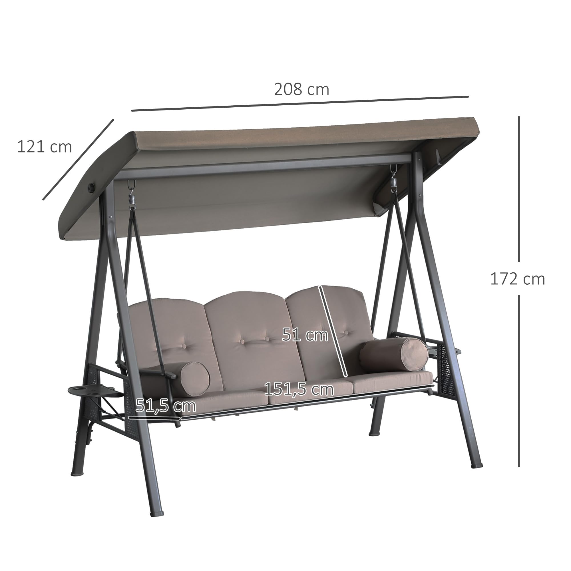Outsunny Balancelle de Jardin 3 Places Toit Inclinaison réglable Coussins Plateaux rétractables Polyester Marron