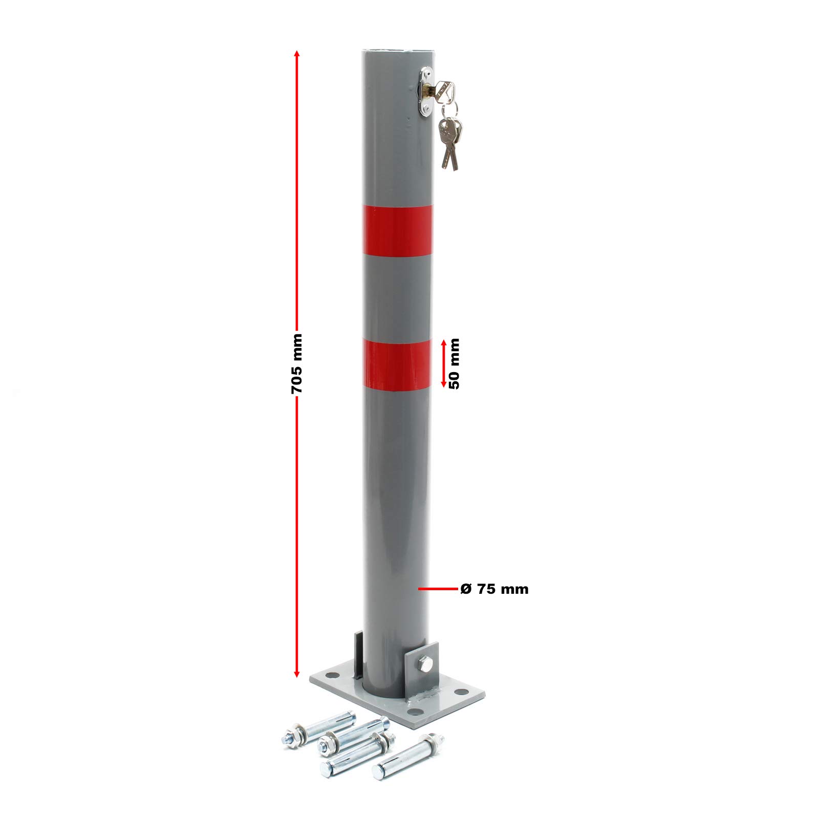 Wiltec Parkpfosten 705 x 75 mm, Parkplatzsperre klappbar rund, Absperrpfosten aus Stahl, Parkpfosten, Poller