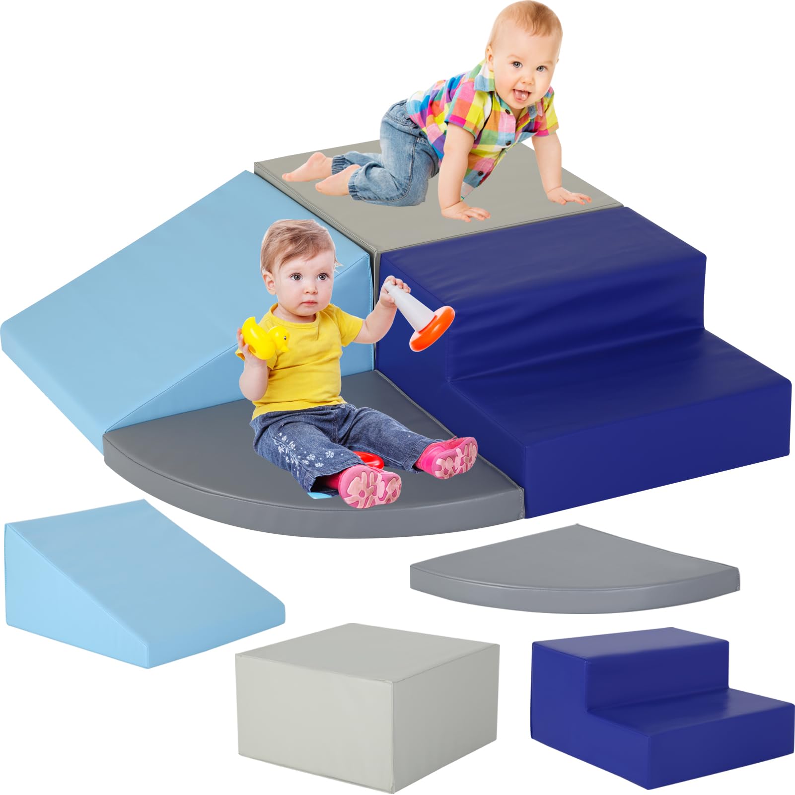BLKMTY Climbing Toys for Toddlers 1-3, 4-Piece Foam Climb Blocks for Baby, Climbing Crawling Toys Soft Foam Blocks for Kids Crawling and Sliding Indoor Playground, PU Leather, Blue