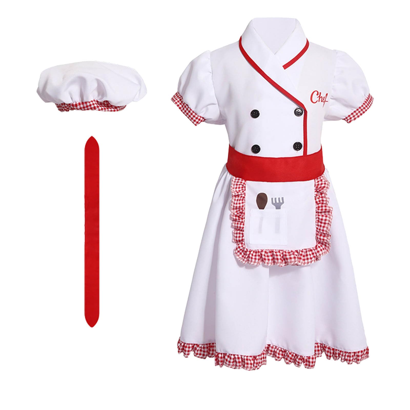 2026-Einschulung Kleidung Halloween-Kochkostüm-Set für ideal für Schulveranstaltungen Rollenspiele Backaktivitäten inklusive Kleid Mütze Schürze sowie rotem Schal perfekt für Partys Feste Feiern im