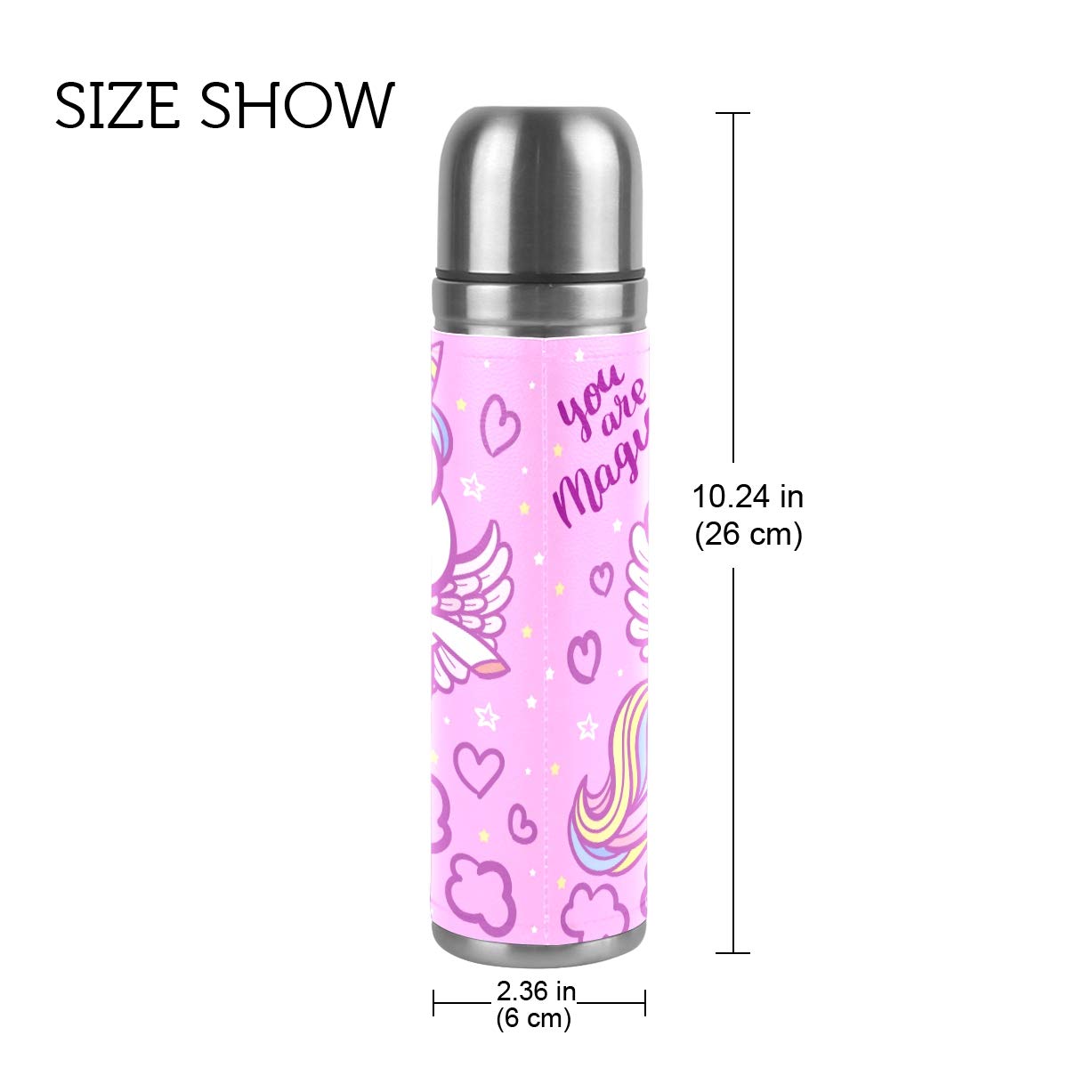 Taza de viaje aislada al vacío de acero inoxidable con doble pared a prueba de fugas, botella de taza con diseño de unicornio con estampado personalizado impreso en piel auténtica, 500 ml