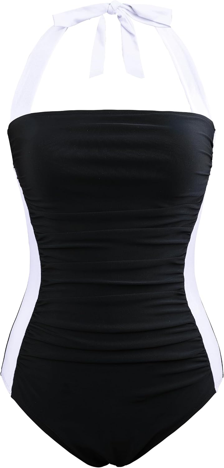 Women's One Piece Swimsuits Tummy Control Halter Bathing Suits Vintage Ruched Slimming Monokini Swimwear - Image 4