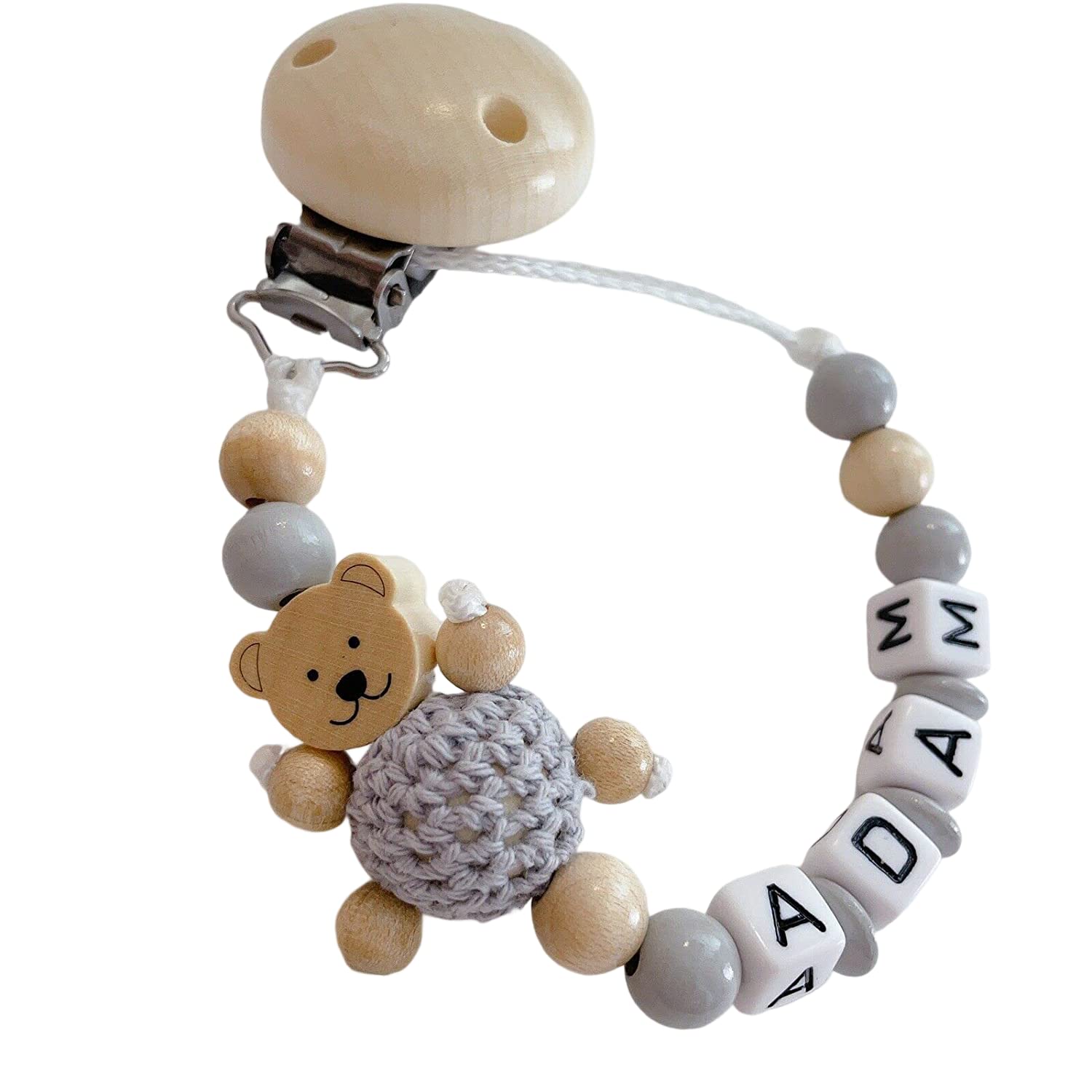Schnullerband mit Namen für Mädchen & Jungen personalisierte Baby Geschenke (Grau Teddy)