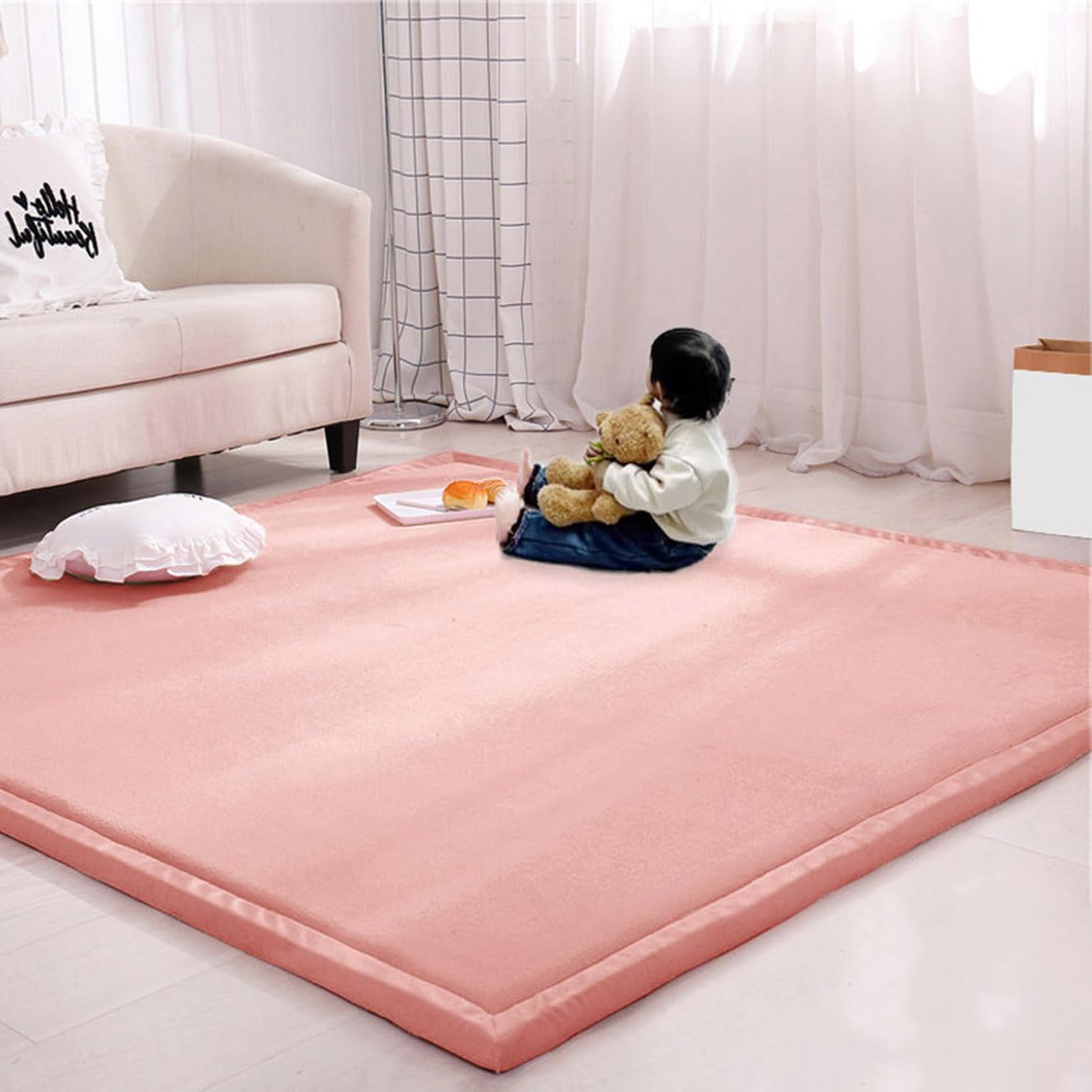Rr tianshi Large Area Rug Crawling Play Mat,Soft Coral Velvet Children Study Carpet Play Mat Non-slip Tatami Yoga Mat for Living Room Bedroom (120 * 120cm,Pink) — image 1