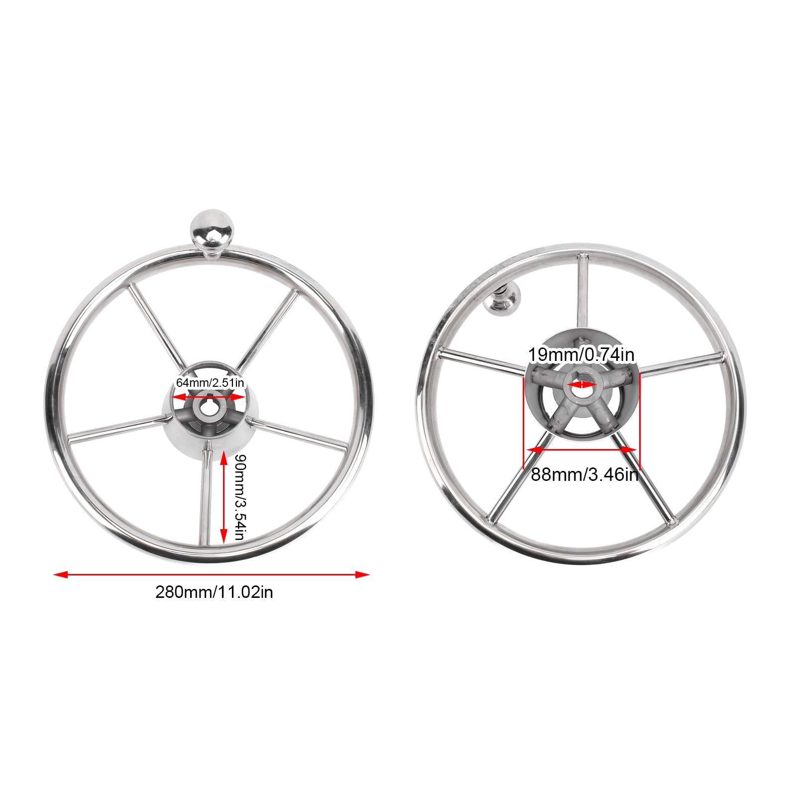 11 Inch Boat Steering Wheel, Stainless Steel 5 Spoke Marine Steering Wheel with Foam Grip, 25 Degree Pontoon Steering Wheel with Cover and Center Cap for Yachts Speedboats Ships