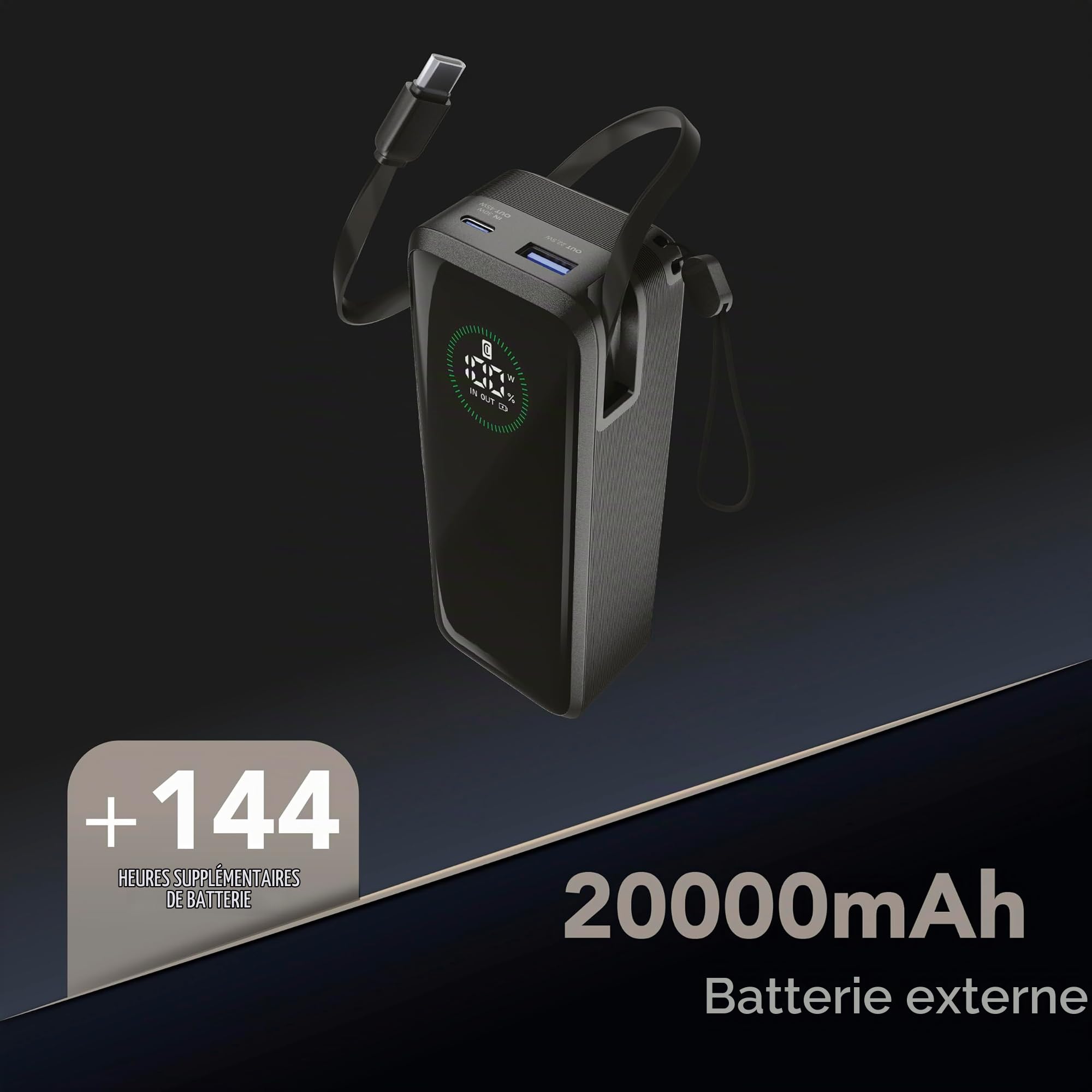 Cellularline Batterie Externe Roller 20 000 mAh avec câble USB-C rétractable 70 cm, Sortie USB-C 65 W et USB-A 22,5 W, écran LCD, Charge de 3 appareils, Noir