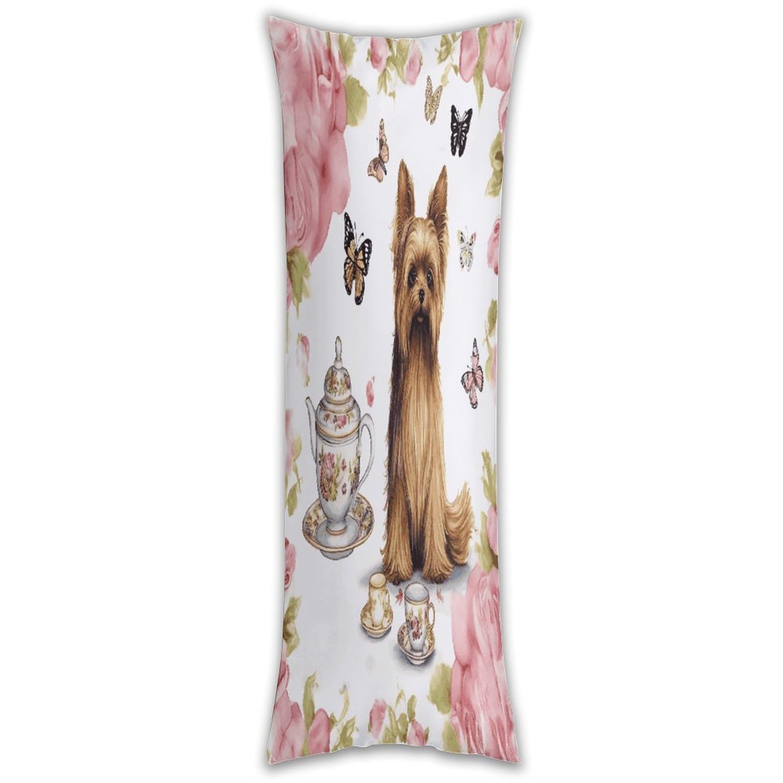 Yorkshire Terrier Tea Party Butterflies Roses Pillow Cases Breathable Vertical Long Pillowcase Body Pillowcase with Hidden Zipper Closure Soft and Cozy Pillow Cover 20x54 Inches for Bedroom Couch