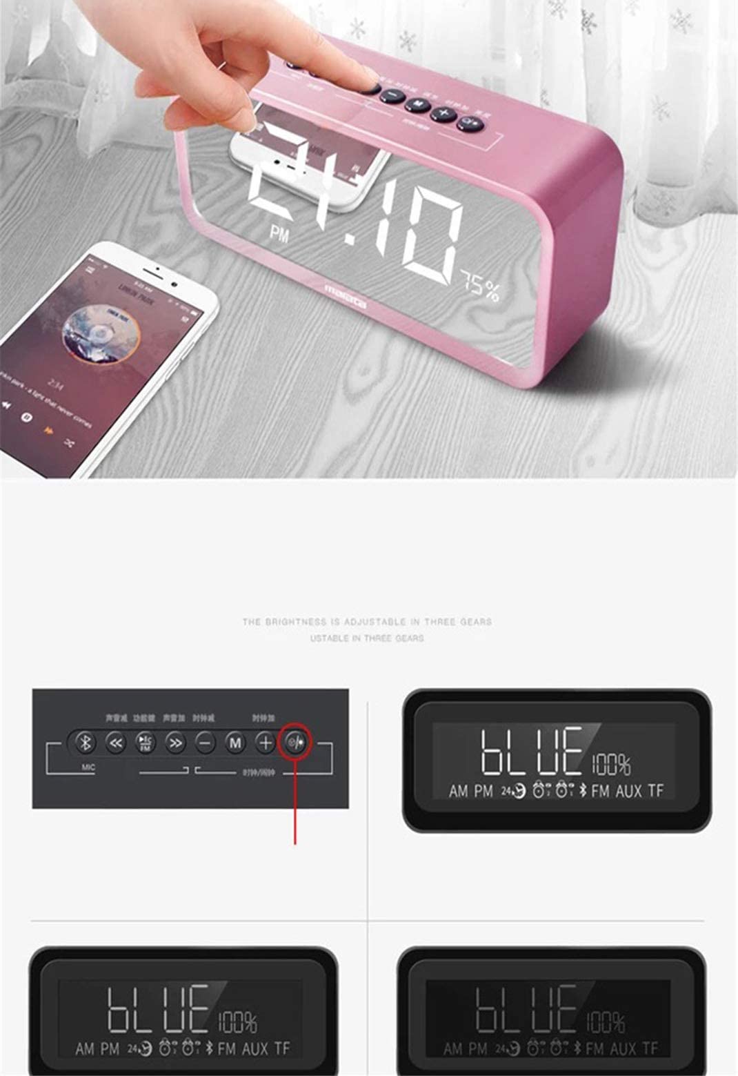 Mini Altavoz inalámbrico Bluetooth Reloj Despertador con Espejo Inteligente, Radio FM, Ajuste de Brillo, Reloj Despertador de Escritorio, repetición, Ajuste de Brillo, Rosa (Negro) (Negro)
