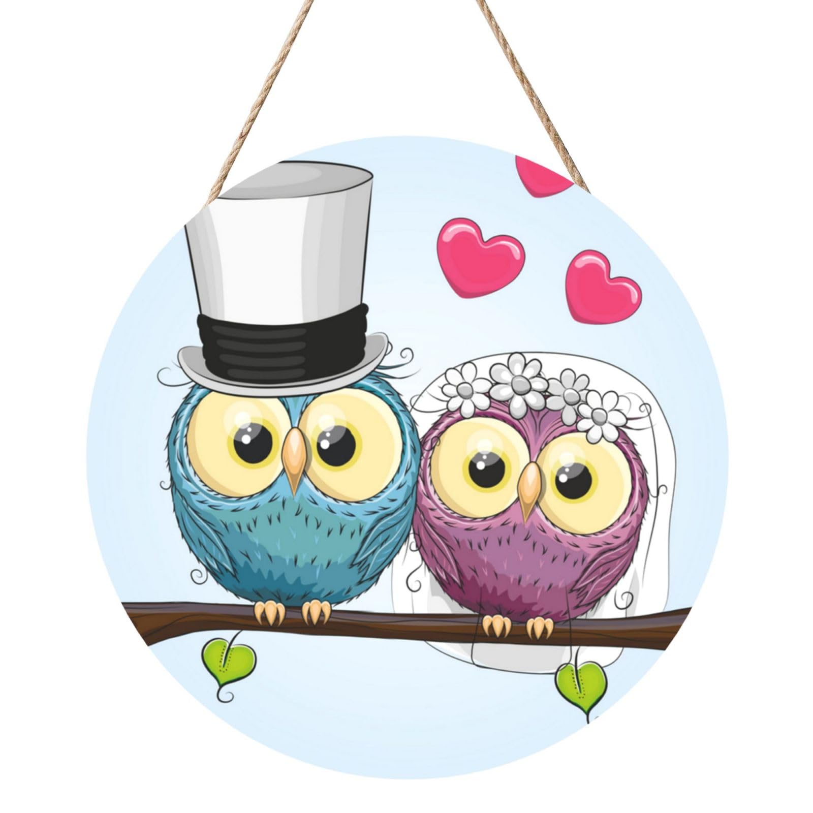 InOmak Wedding Decorations Funny Owls, Round Wood Panel Painting 12 in, Wall Hanging Painting For Home