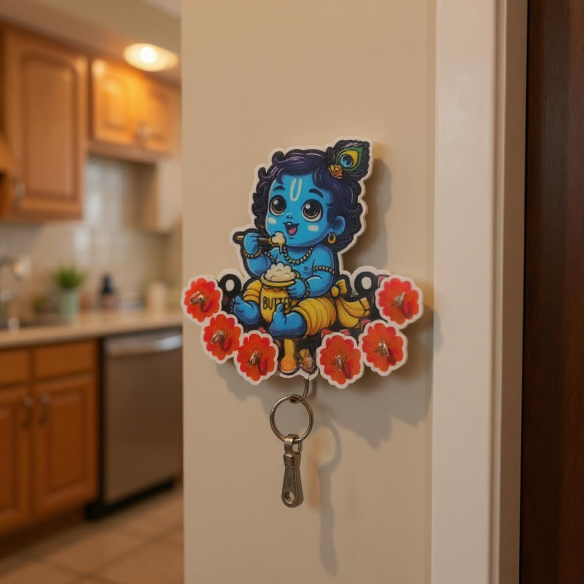 Cute Krishna Wall-Mounted Key Holder, Decorative MDF Wood, 20x25 cm, 7 Hooks, Red Blue UV Printed Design, Decorative Wooden Key Stand – Home & Office (Red Blue Krishna)-image-11