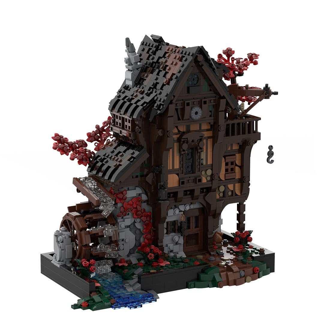 Mittelalterliche Schmiede Klemmbausteine 2717 Stück Wasserradmühle Gebäude MOC Haus Spielzeug Set für Erwachsene Kompatibel mit 21325, MOC-214249