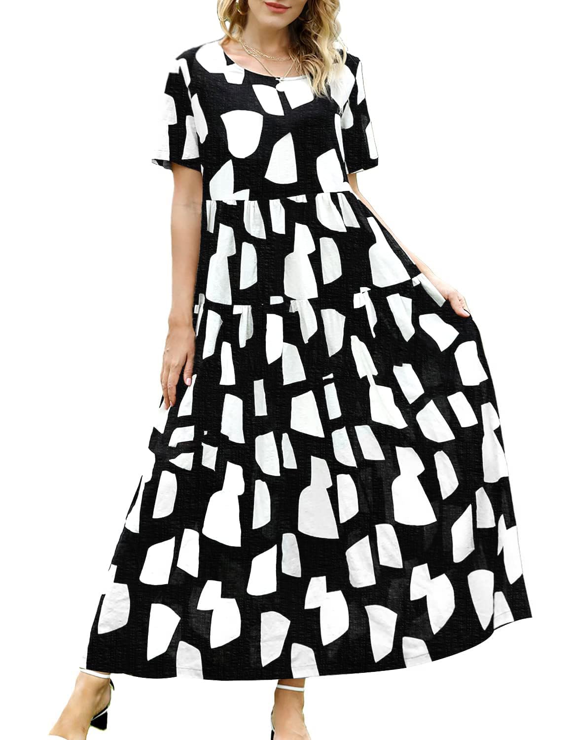 YESNO Damen Kleider Freizeit Lose Sommerkleid Lang Boho Maxikleid für Rundhals Strandkleid Blumenkleid EJFDE