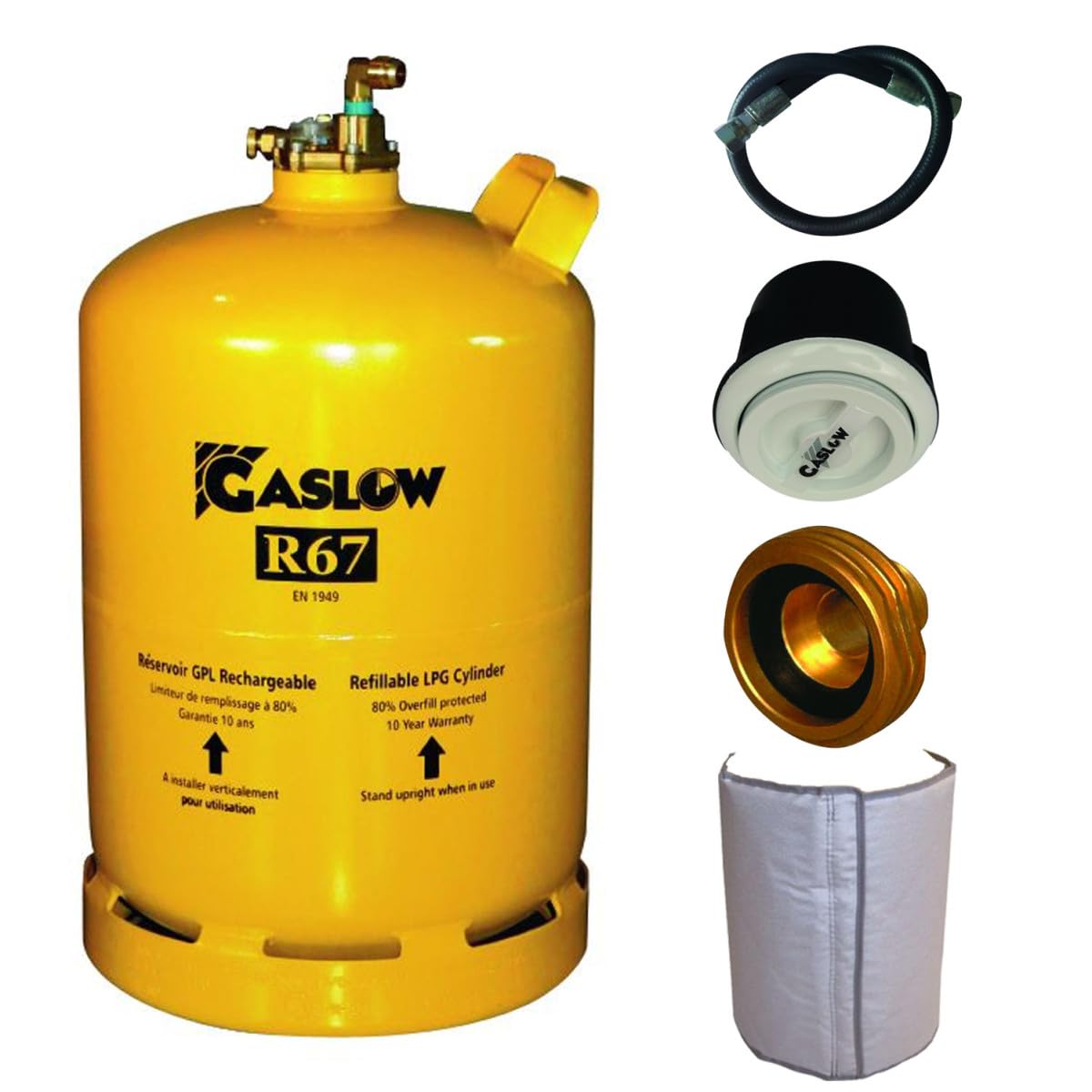 Gaslow - Pack de botella recargable de 11 kg + lira + caja de transferencia negra + adaptador de carga Europa + manta aislante
