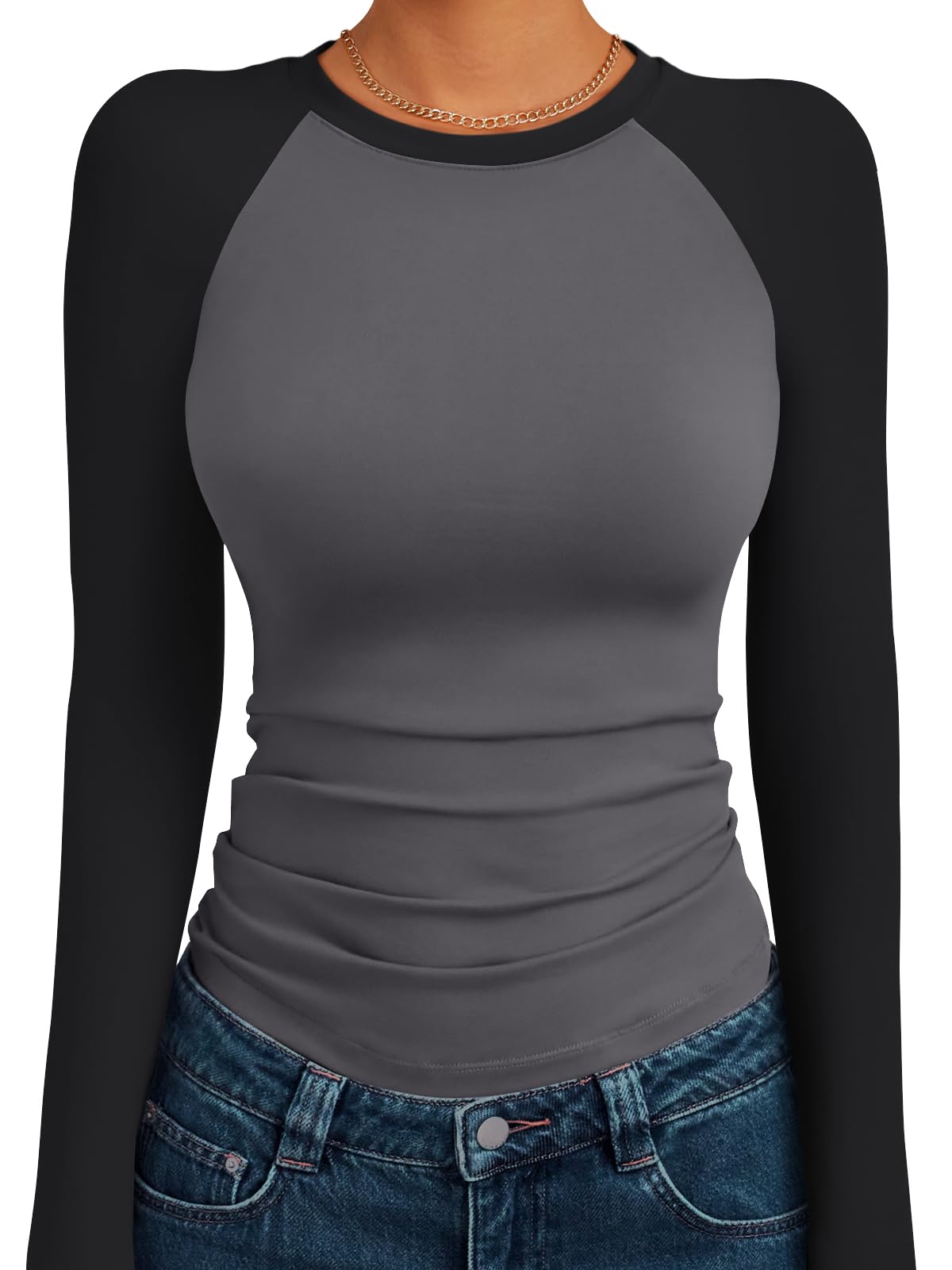 Trendy Queen Women’s Long Sleeve Shirts Slim Fit Stretchy Color Block Slightly Cropped Tops