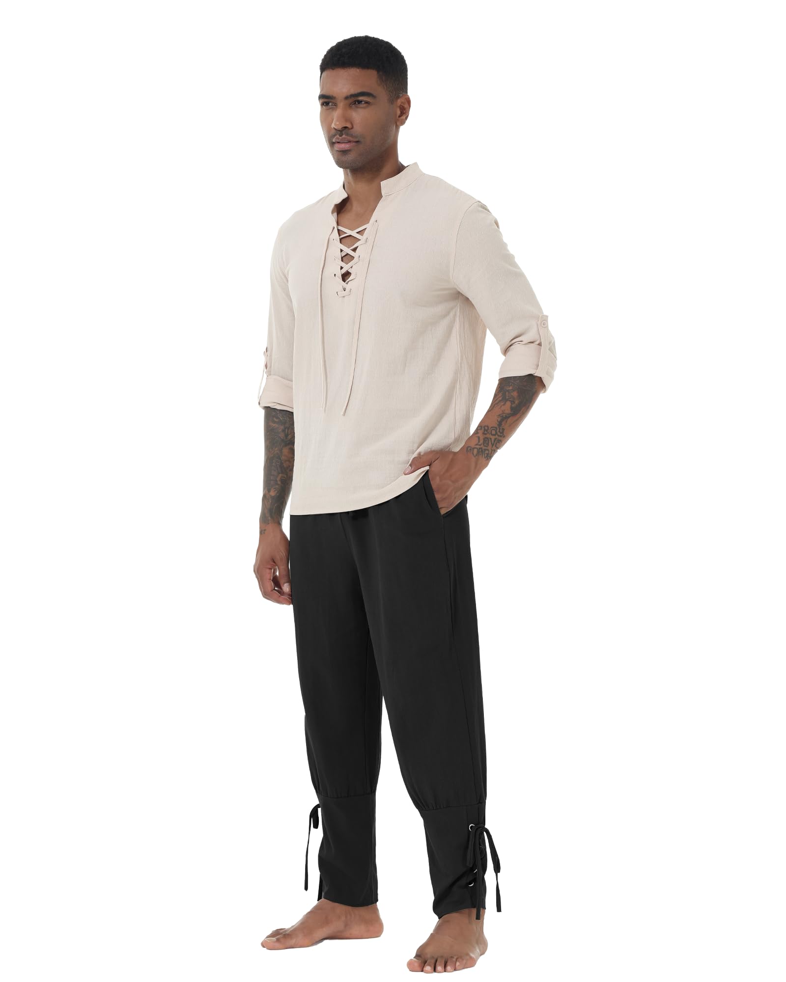 YAOHUOLE Herren Mittelalter Hose Vintage Freizeithose mit Taschen Renaissance Piratenhose Cosplay Kostüm Hose Herren Lang