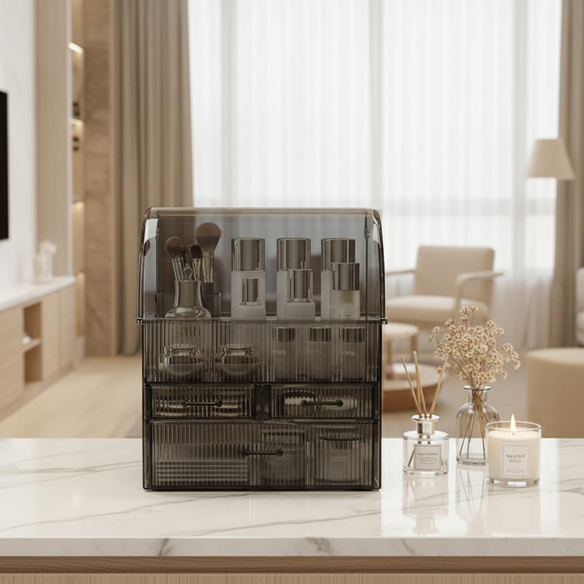 Kosmetische Aufbewahrungsorganisator, Acryl Make-up Organizer mit Deckel Staub wasserdicht, Hautpflege Kosmetik-Display Case mit 3 Schubladen für Schlafzimmer, Clear Schwarz (30 cm L x 17 cm B