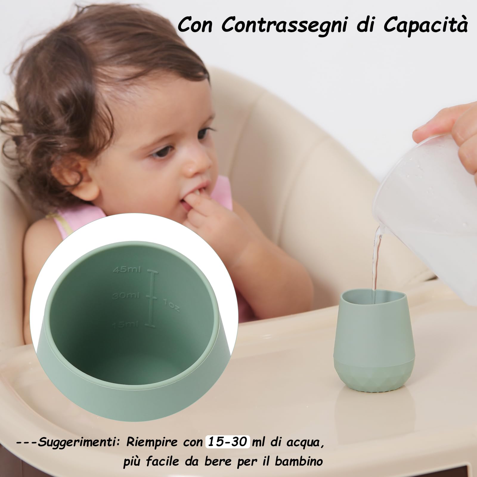 Silicone Bicchiere Neonato 6 Mesi +, Seposeve 2 Pezzi Bicchiere Bambino Neonato, Tiny Cups, Bicchiere Antigoccia Bambini, Forno a Microonde, Lavabile in Lavastoviglie, Verde Blu