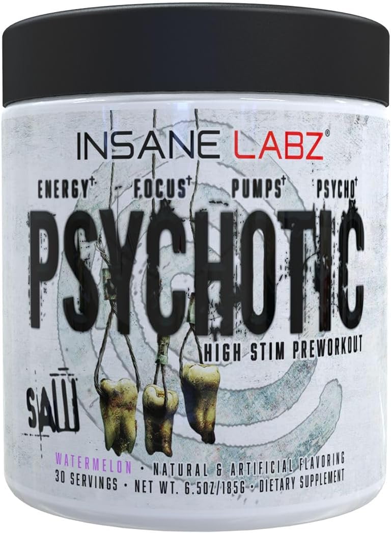 Insane Labz Psychotic Saw, High Stim Pre Workout Powder with OxyGold­™ and AMPiberry®,Extreme Lasting Energy with Teacrine®,Focus with CognitIQ® and Endurance (30 Servings, Watermelon)