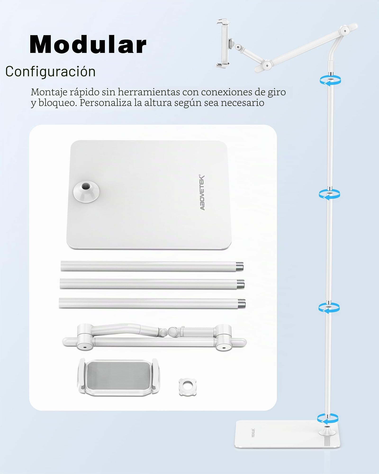 AboveTEK Soporte de suelo para tableta, elegante soporte de suelo ajustable para iPad, soporte de aluminio para tableta y teléfono de rotación de 360° para sofá cama, compatible con dispositivo de 4.7