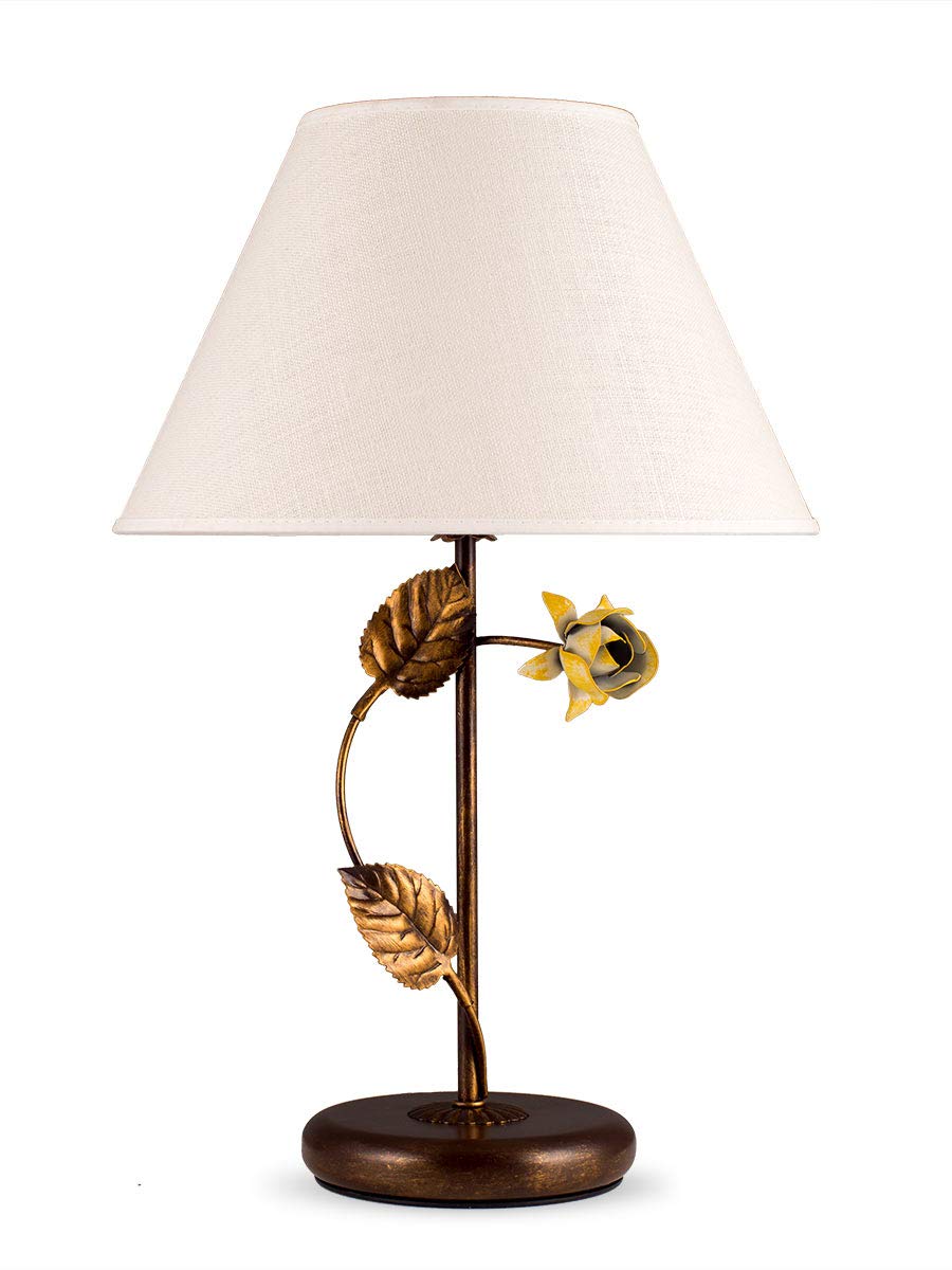 LED Tischleuchte Florentiner braun Stoffschirm Leinen Landhausstil Blumen | Helios Leuchten 4037510/1 Tischlampe antik-braun Stoffschirm handgefertigt Landhausstil Nachttisch Schreibtisch Wohnzimmer