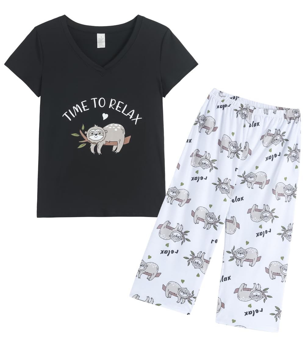 YIJIU Women Soft Comfy Pajamas Cute Cat Short Sleeve Capri Pants PJS Set Large Black Sloth
