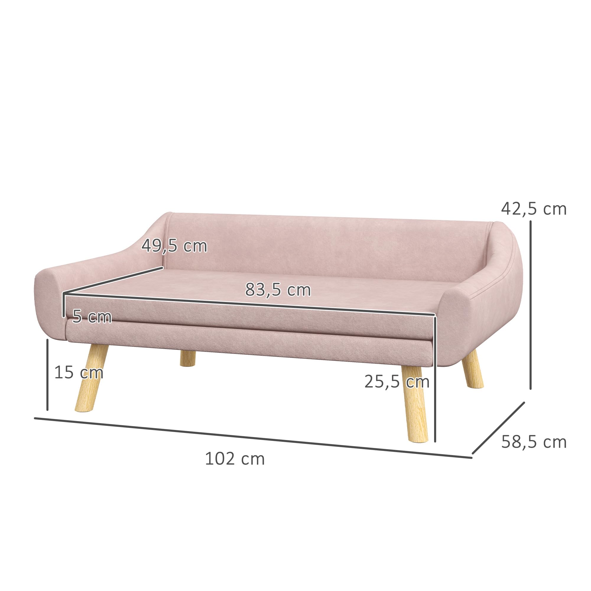 PawHut Divano per Cani Divano per Gatti con Schienale, Divano per Cani con Gambe in Legno, Divano per Animali Domestici con Cuscino, Letto per Cani di Taglia Media e Grande, Velluto, Rosa, 102 x 58,5