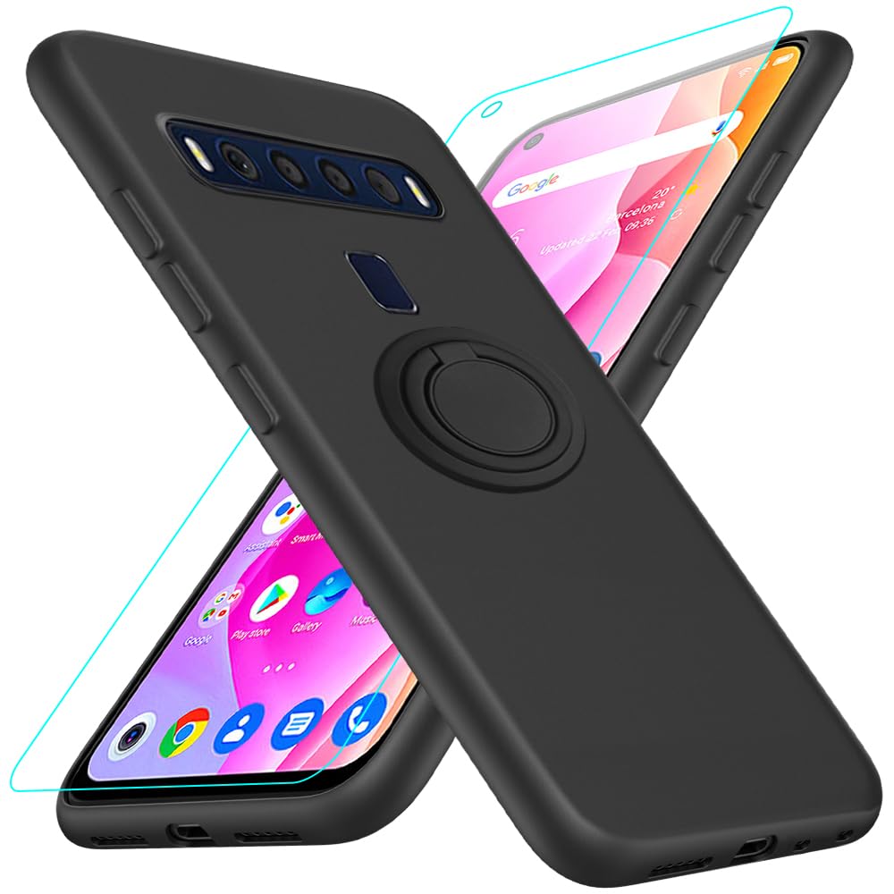 Case for TCL 10L /10 Lite Phone Case with Glass Screen Protector, 360° Rotatable Ring Holder Kickstand/ Stand Silicone TPU Shockproof Protective Cover Case for TCL 10L T770B T770H / T1 Lite - Black