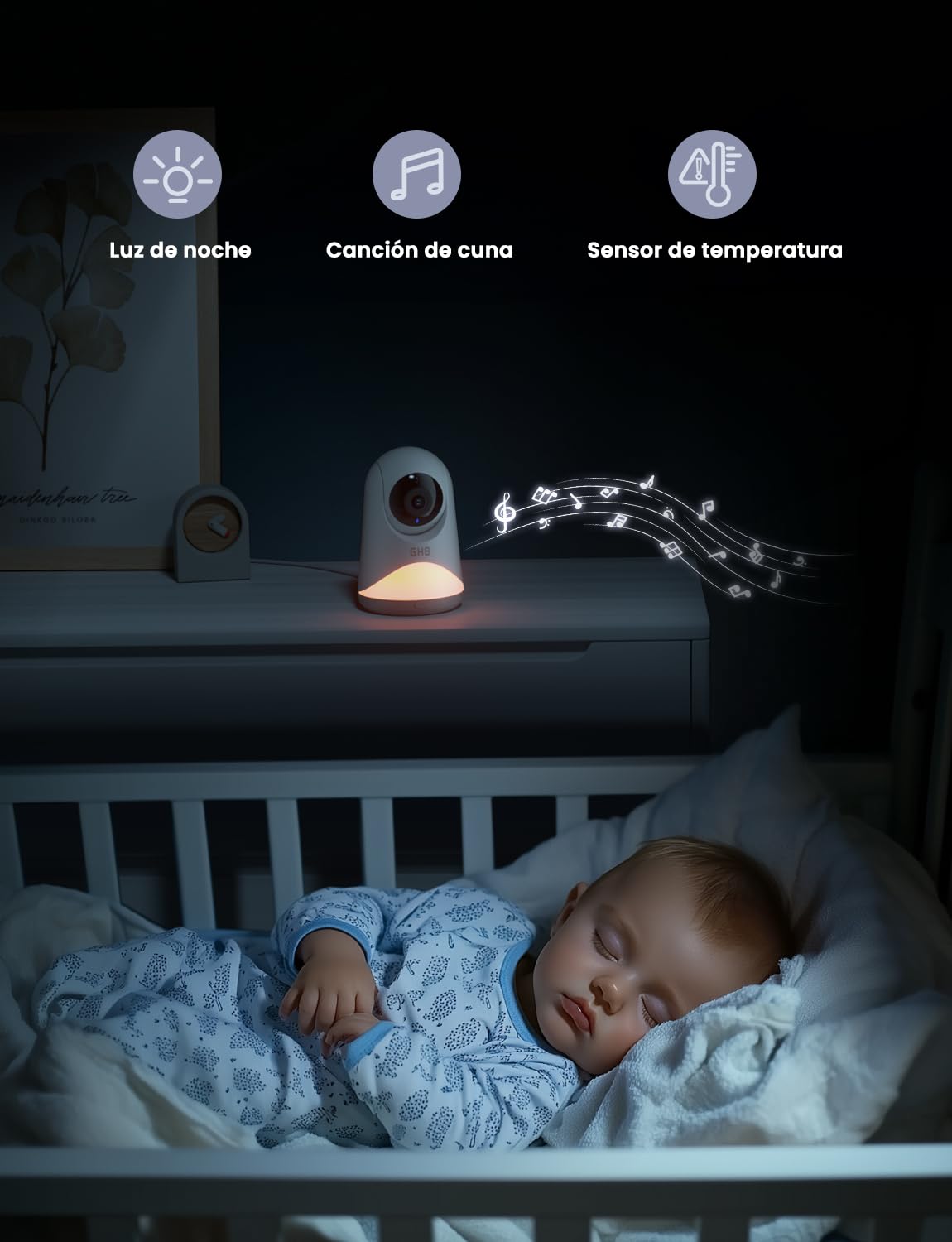 GHB Camara Vigilancia Bebe 5" 720P HD IPS Rotación de 350° Vigilabebes con Camara con Luz Nocturna Ajustable Soporta 4 Cámaras Comunicación Bidireccional Escucha Bebes